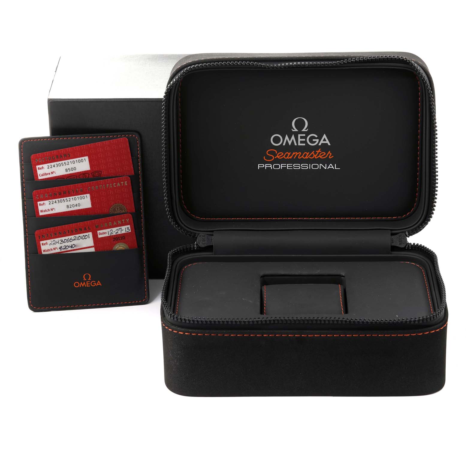 The image shows the Omega Seamaster Ploprof model box, warranty card holder, and cards.