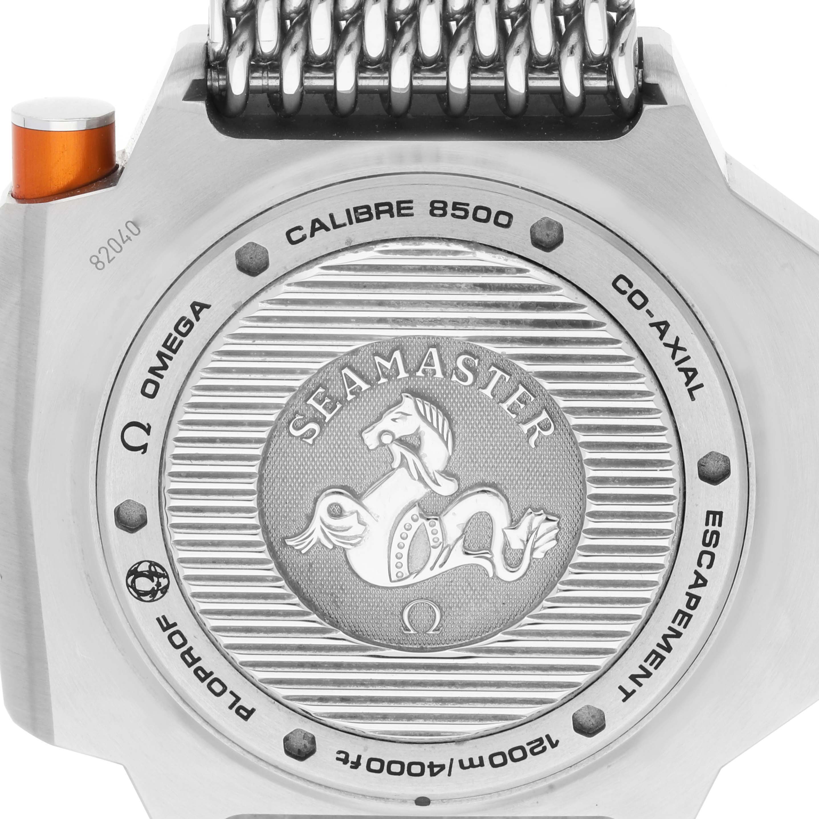 This image shows the case back and part of the bracelet of the Omega Ploprof 224.30.55.21.01.001 Men's Stainless Steel Black Dial 224.30.55.21.01.001 Men's Stainless Steel Black Dial Seamaster model.