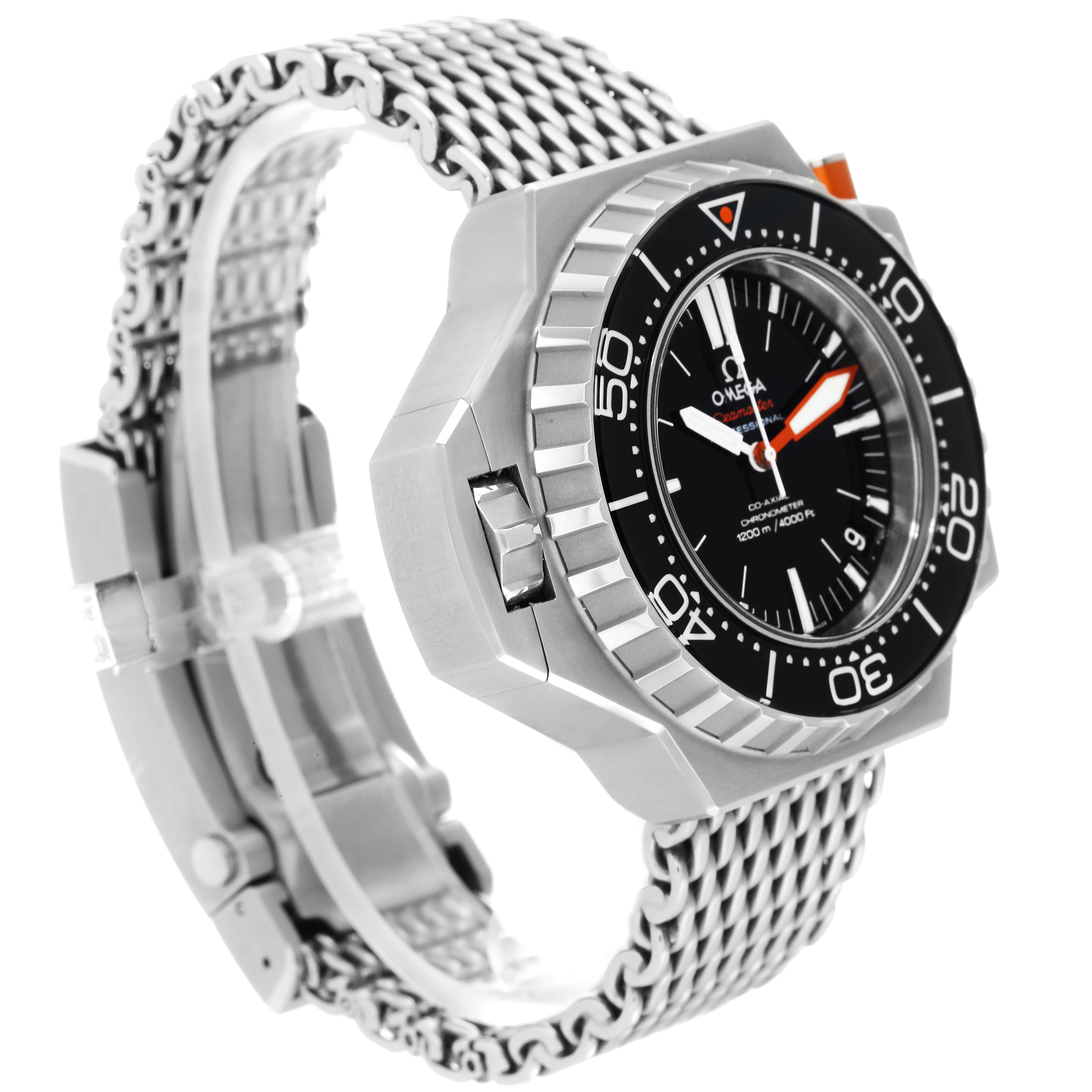 The image shows a side and front angle of the Omega Ploprof 224.30.55.21.01.001 Men's Stainless Steel Black Dial 224.30.55.21.01.001 Men's Stainless Steel Black Dial watch, highlighting the bezel, dial, hands, and mesh bracelet.