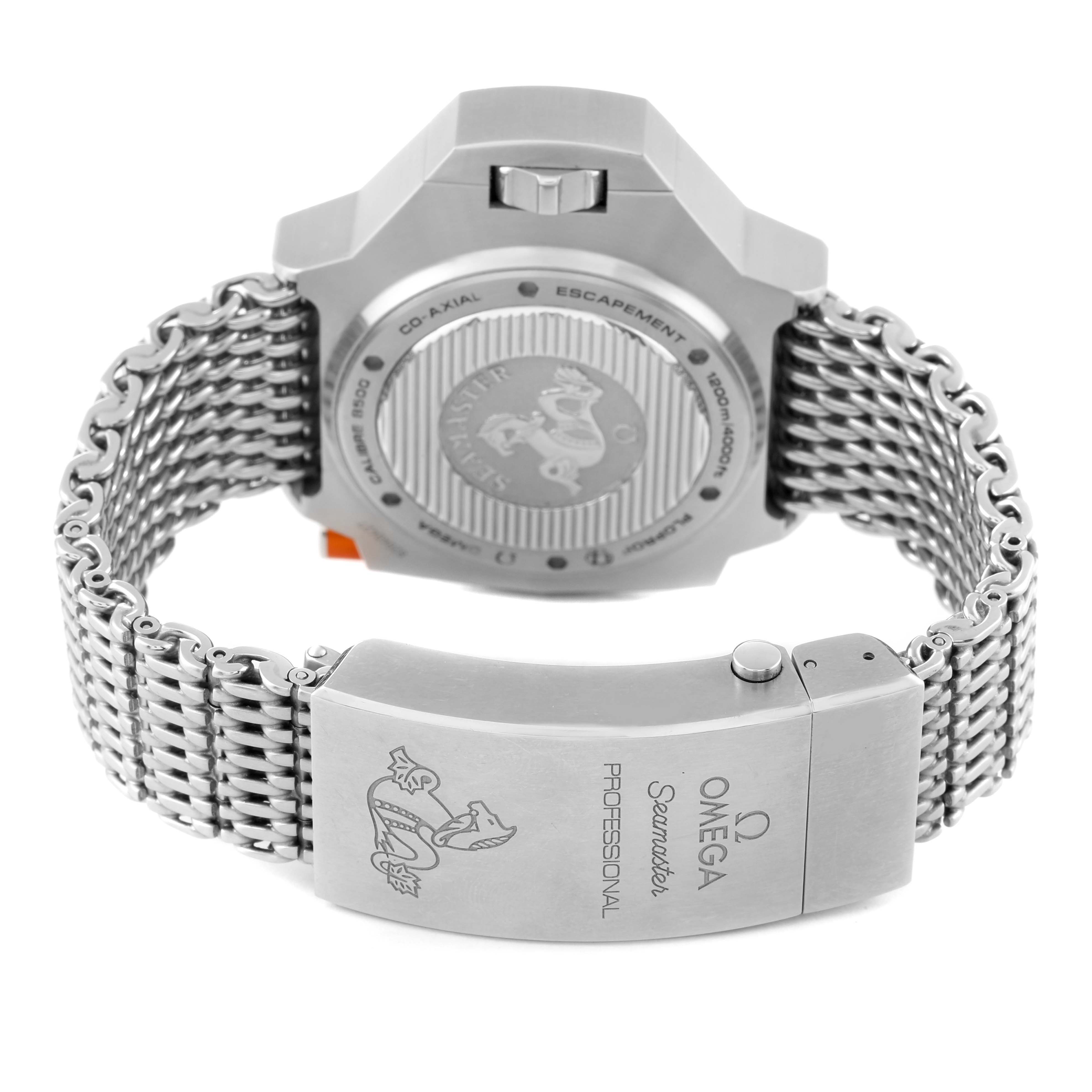 The image shows the back and clasp of an Omega Seamaster Ploprof watch at an angled rear view.