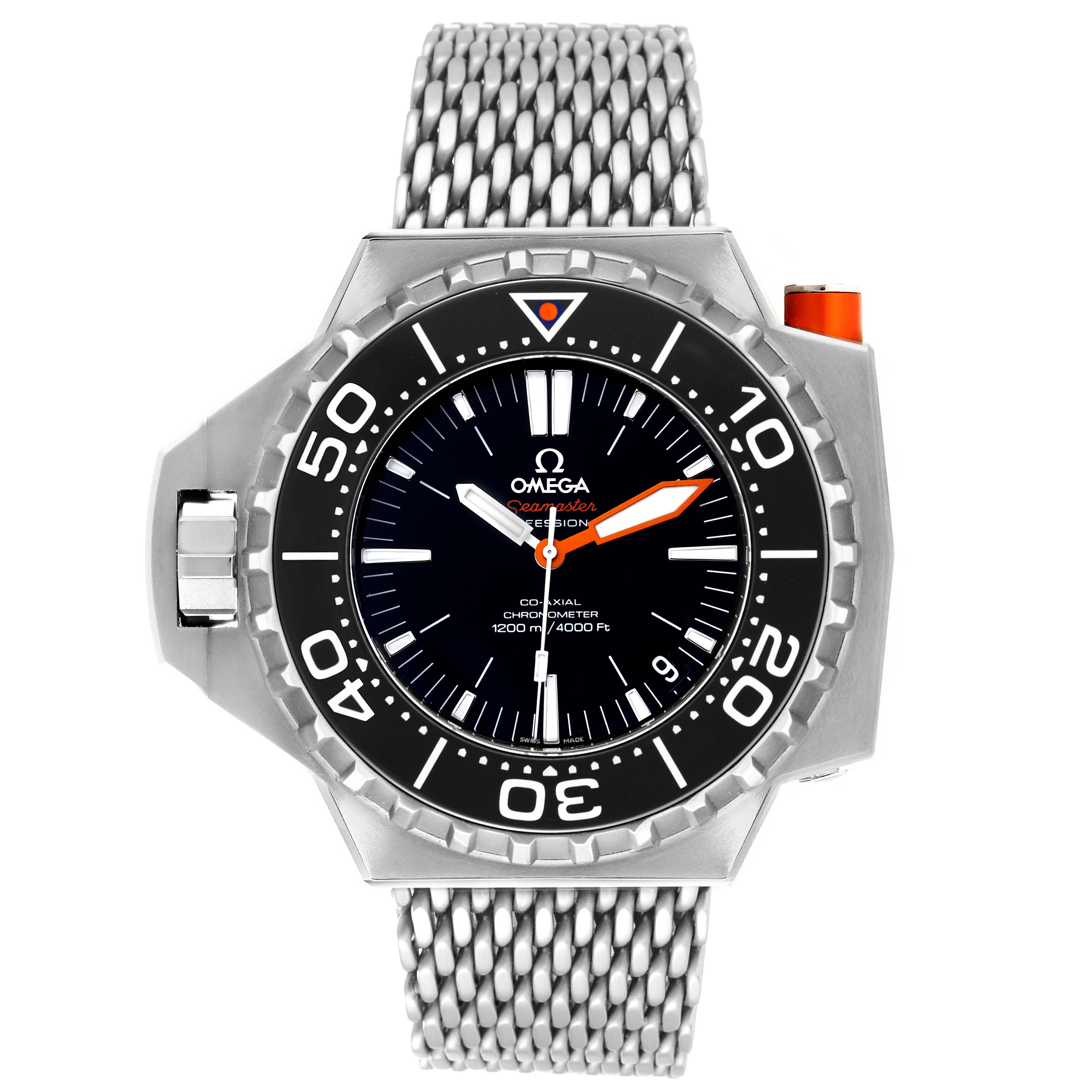 The image displays a frontal view of an Omega Ploprof 224.30.55.21.01.001 Men's Stainless Steel Black Dial 224.30.55.21.01.001 Men's Stainless Steel Black Dial watch, showcasing its bezel, dial, and metal bracelet.