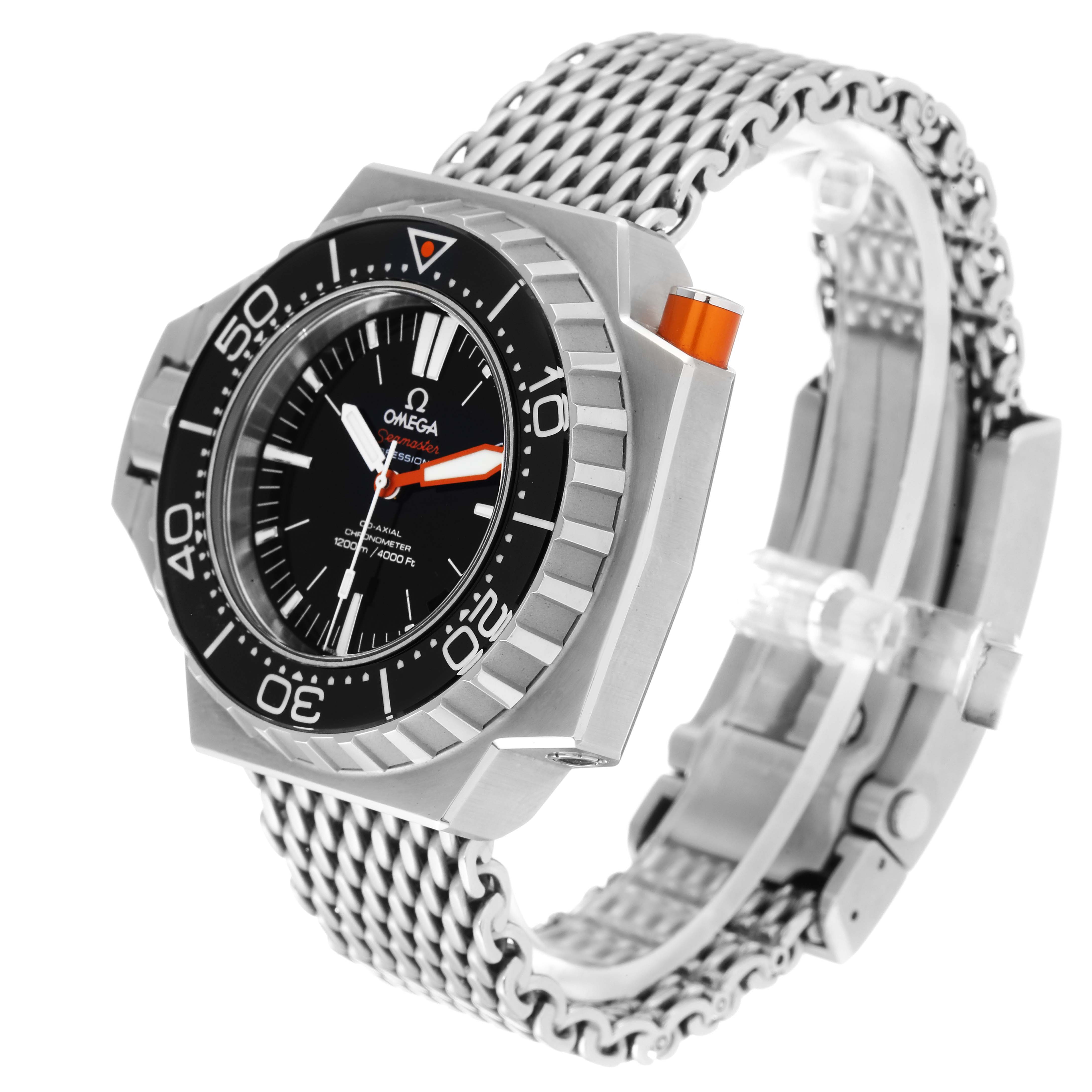 The Omega Ploprof 224.30.55.21.01.001 Men's Stainless Steel Black Dial 224.30.55.21.01.001 Men's Stainless Steel Black Dial watch is shown from an angled front view, displaying its face, bezel, mesh bracelet, and clasp.