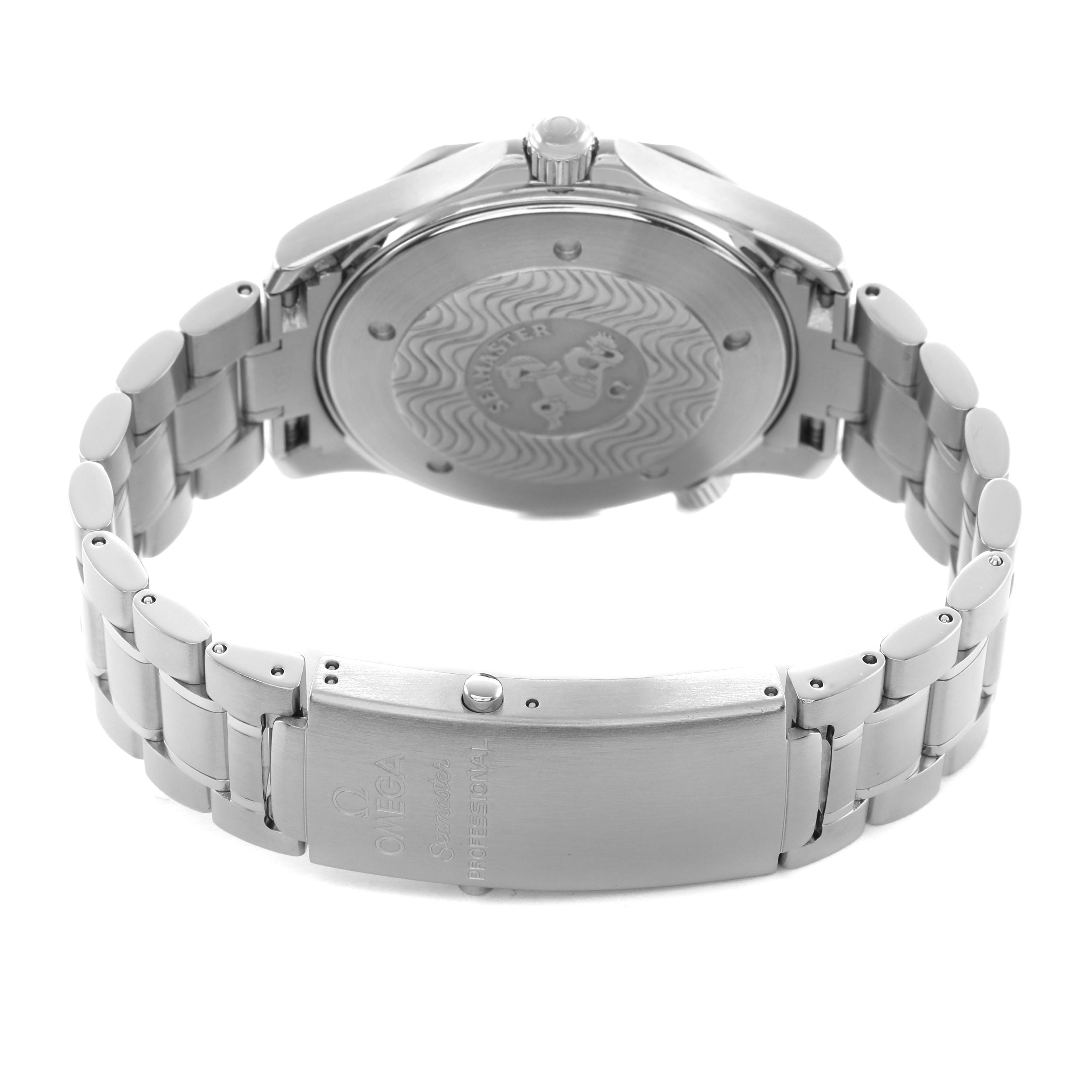 The image shows the back view of an Omega Seamaster 2264.50.00 Men's Stainless Steel Black Dial, highlighting the case back, bracelet, and clasp.