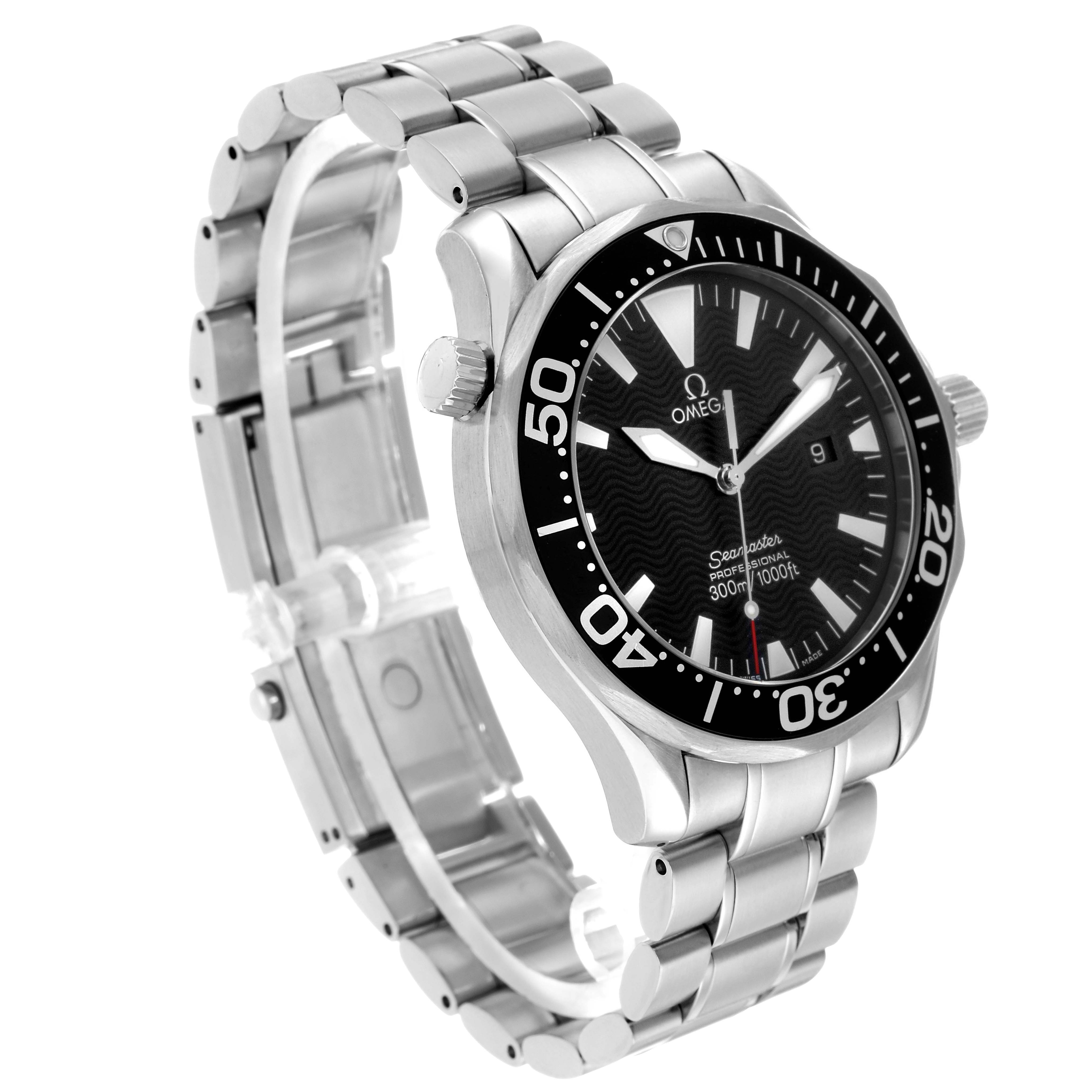 The Omega Seamaster 2264.50.00 Men's Stainless Steel Black Dial watch is shown at an angled view displaying the face, bezel, bracelet, and crown.