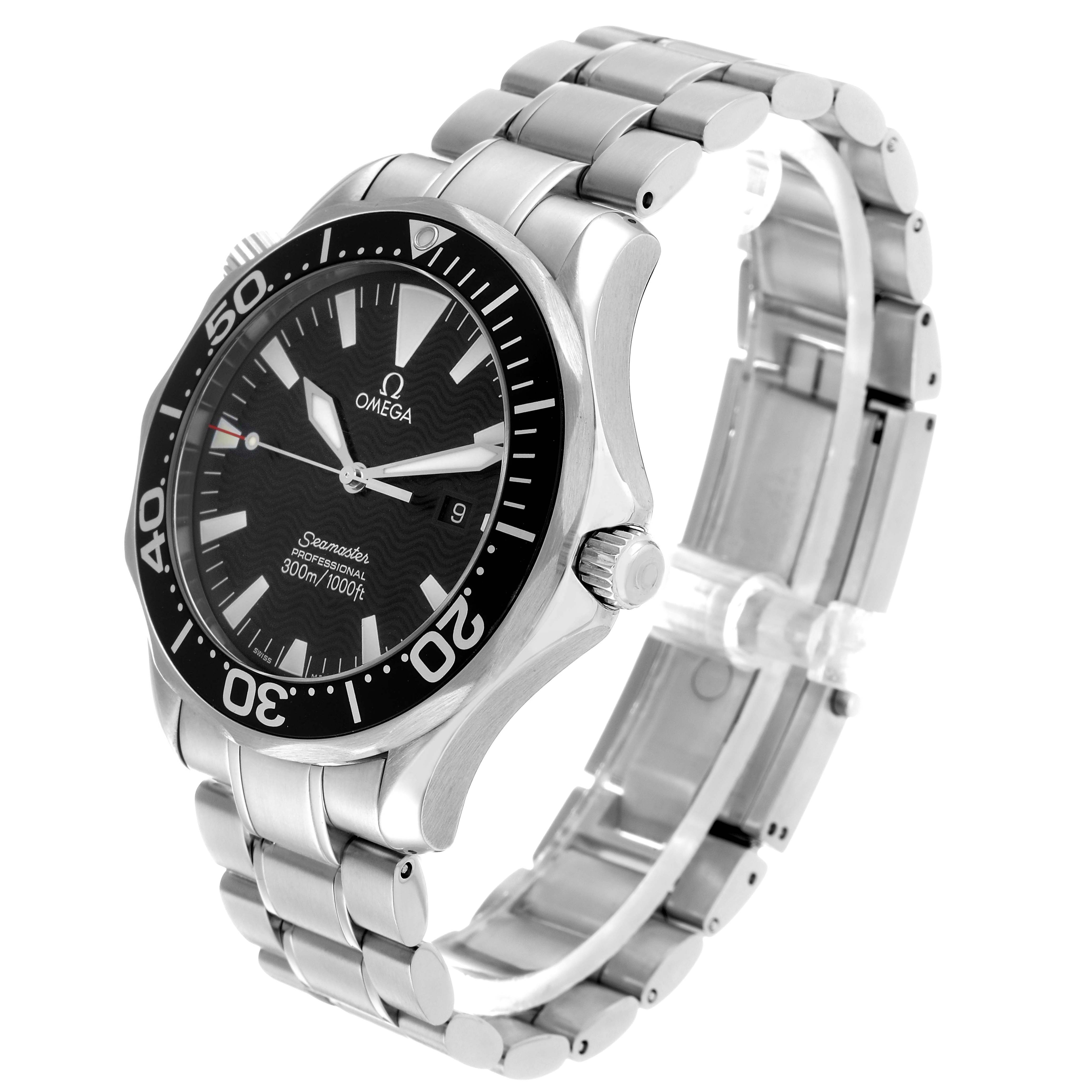 The Omega Seamaster 2264.50.00 Men's Stainless Steel Black Dial watch is shown at an angle displaying the face, bezel, crown, and stainless steel bracelet.