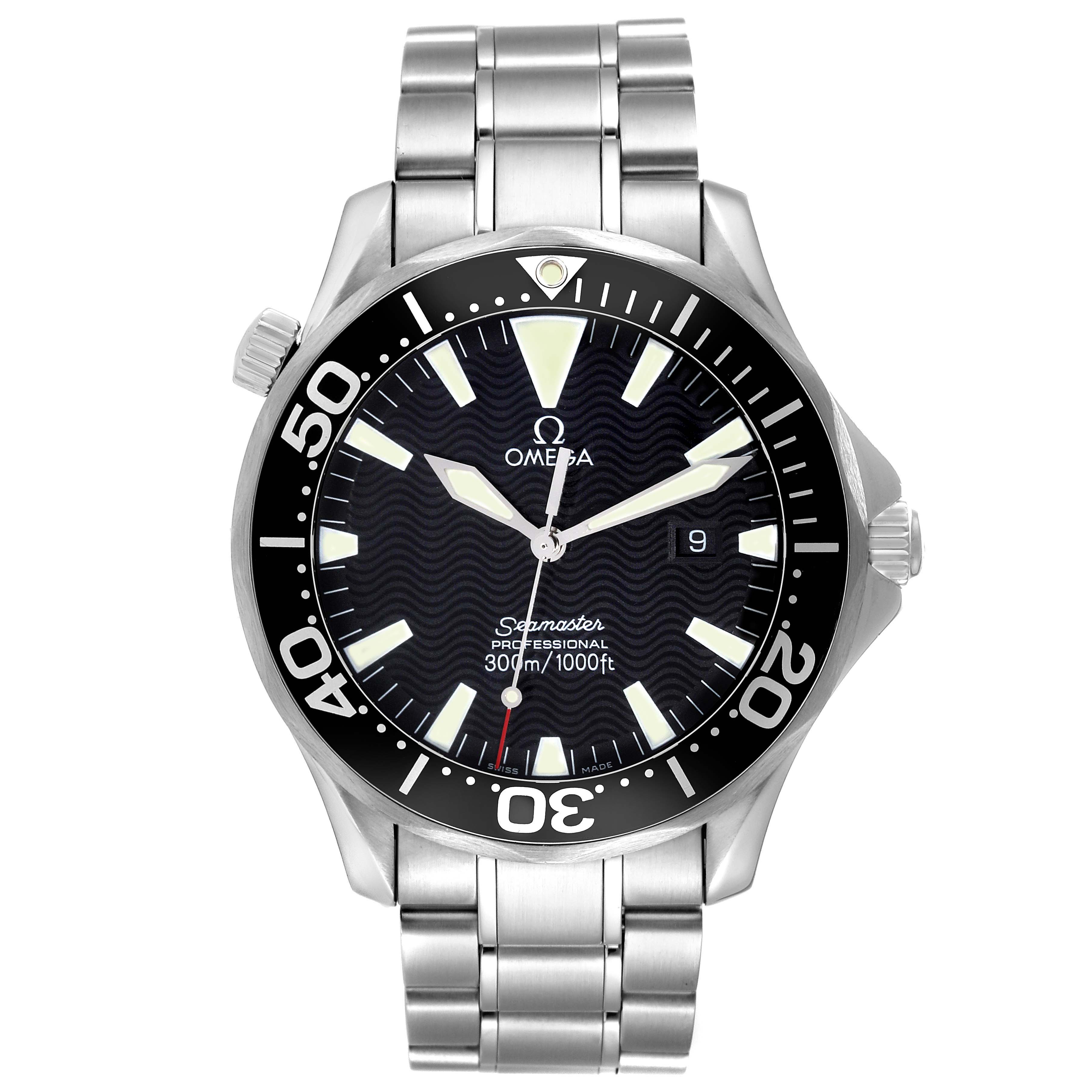 The Omega Seamaster 2264.50.00 Men's Stainless Steel Black Dial watch is shown from a front angle, displaying its face, bezel, crown, and stainless steel bracelet.