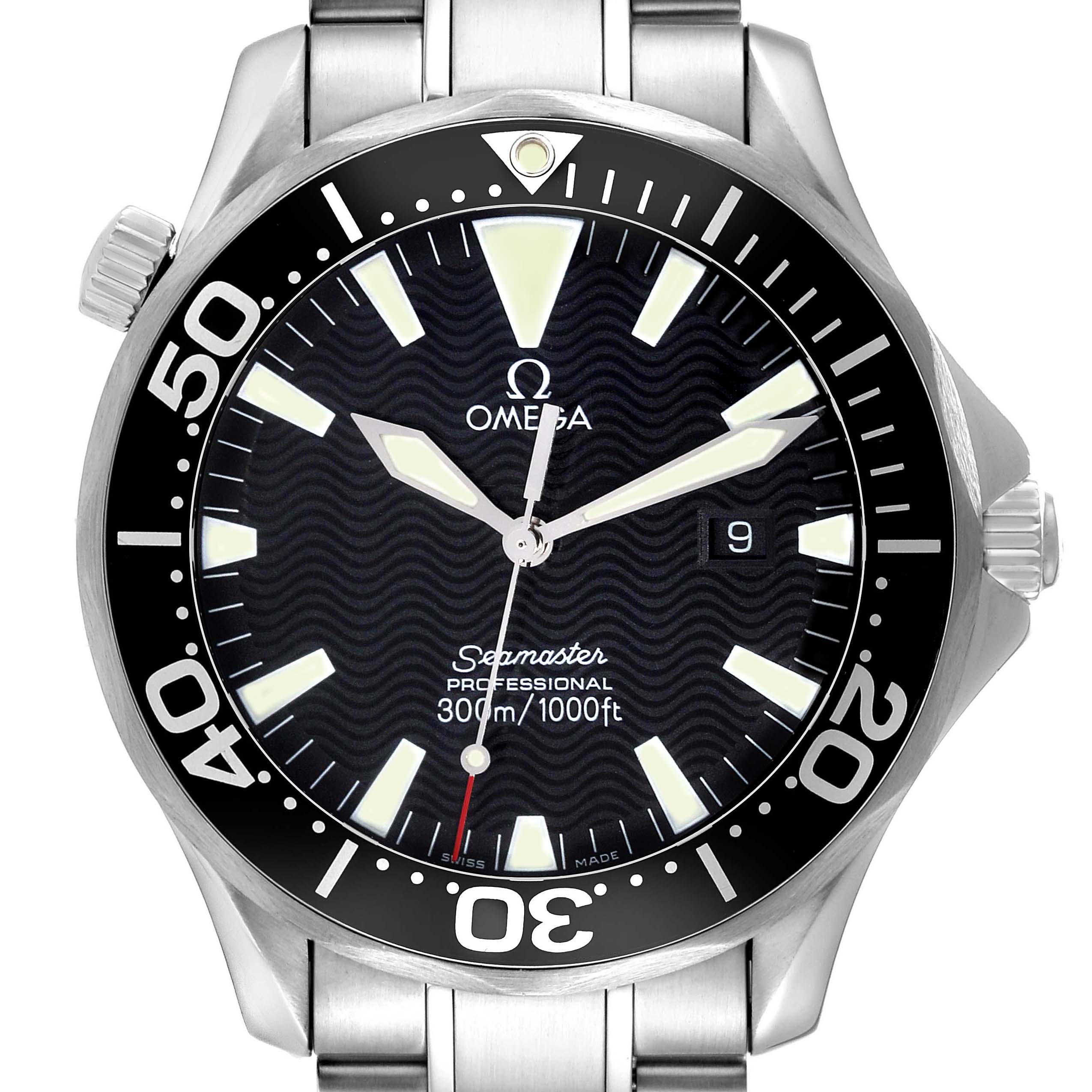 The image shows a front view of the Omega Seamaster 2264.50.00 Men's Stainless Steel Black Dial, highlighting its bezel, dial, and bracelet.