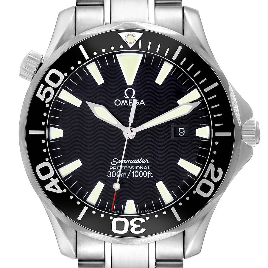 The image shows a front view of the Omega Seamaster 2264.50.00 Men's Stainless Steel Black Dial, highlighting its bezel, dial, and bracelet.