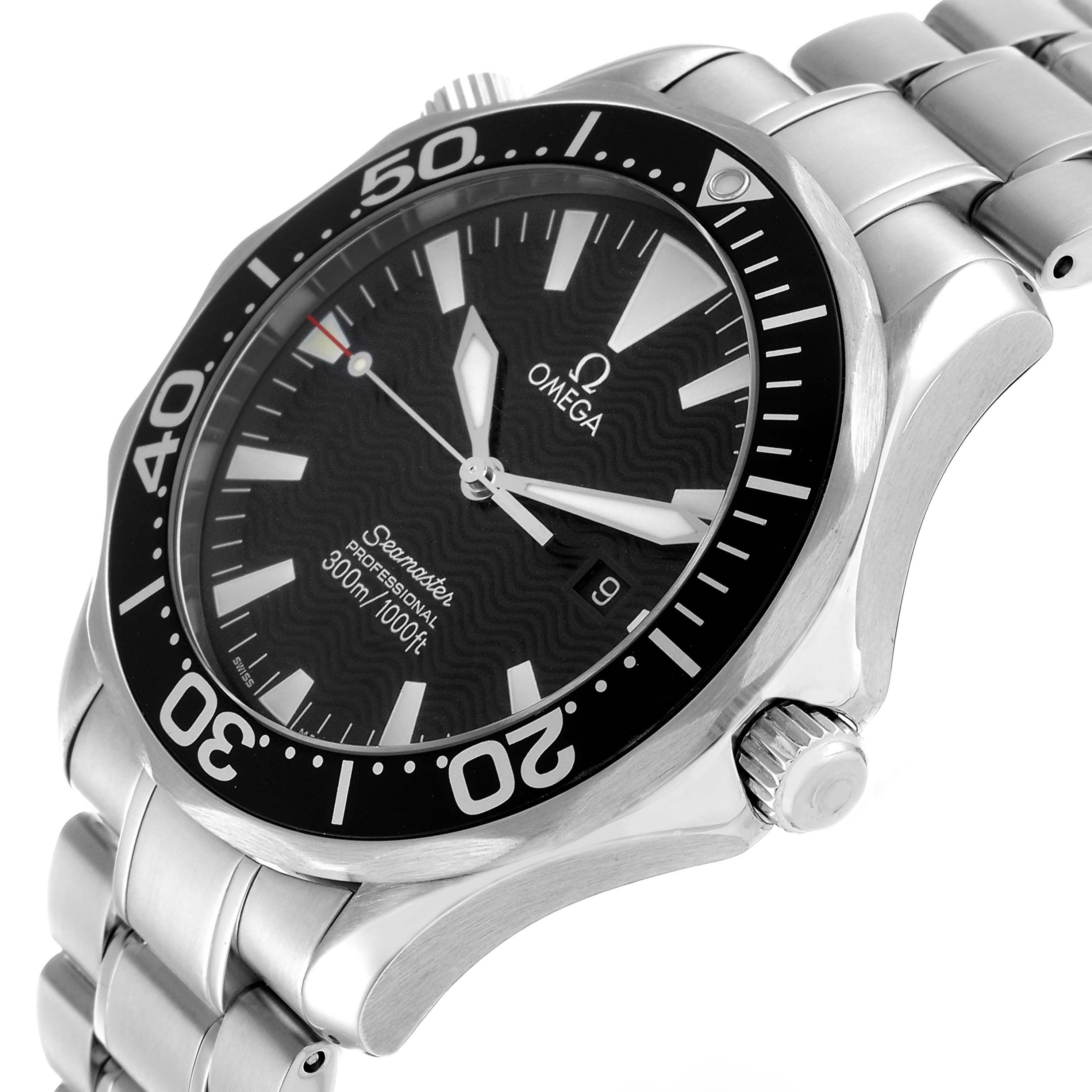 The Omega Seamaster 2264.50.00 Men's Stainless Steel Black Dial watch is shown at an angled view, highlighting the bezel, crown, bracelet, and face details.