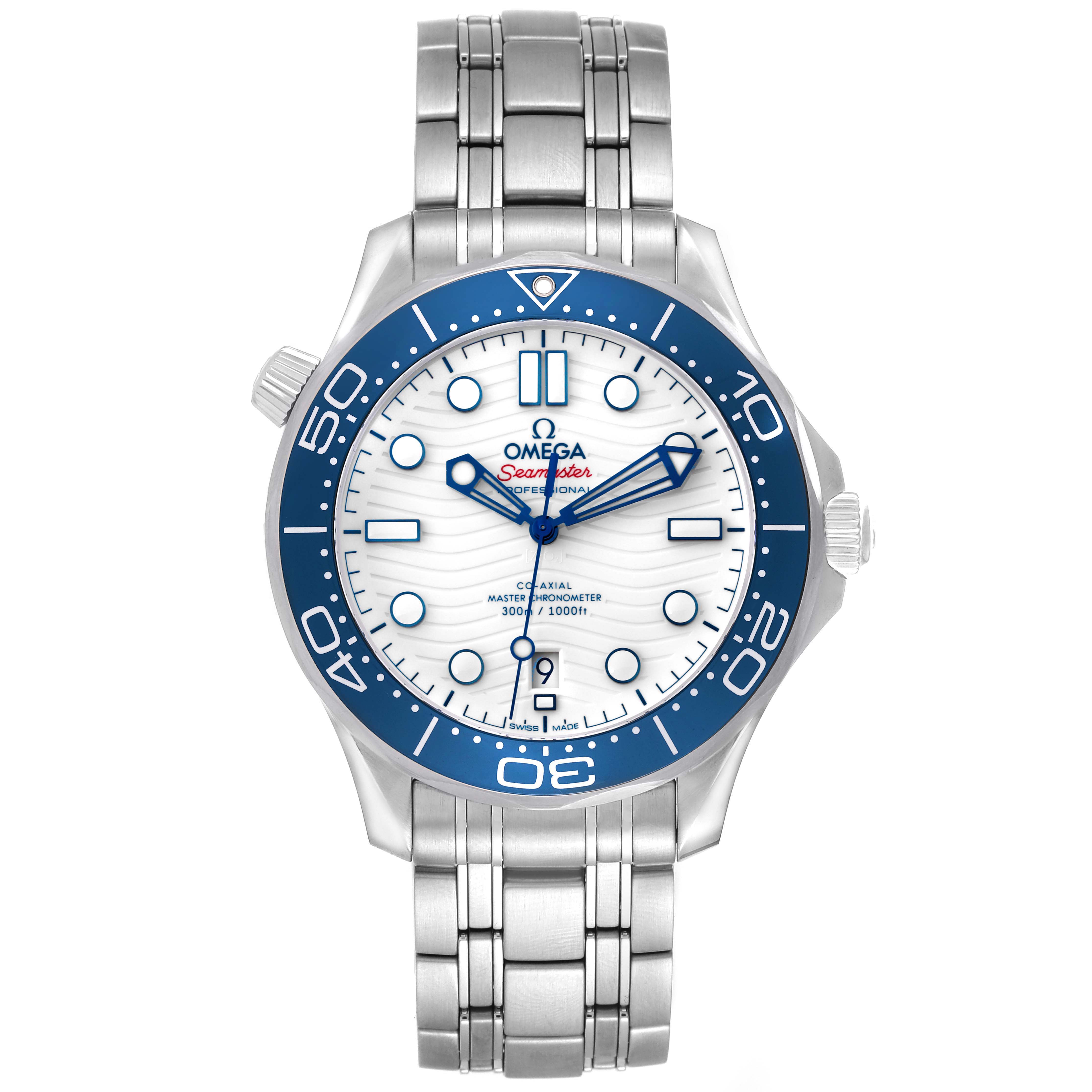 The Omega Seamaster 522.30.42.20.04.001 Men's Stainless Steel White Dial watch is shown from the front, displaying its face, bezel, crown, and bracelet.