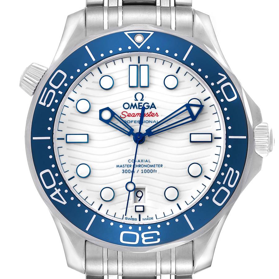 The Omega Seamaster 522.30.42.20.04.001 Men's Stainless Steel White Dial watch is shown from a front angle, highlighting the blue bezel, white dial, and stainless steel bracelet.