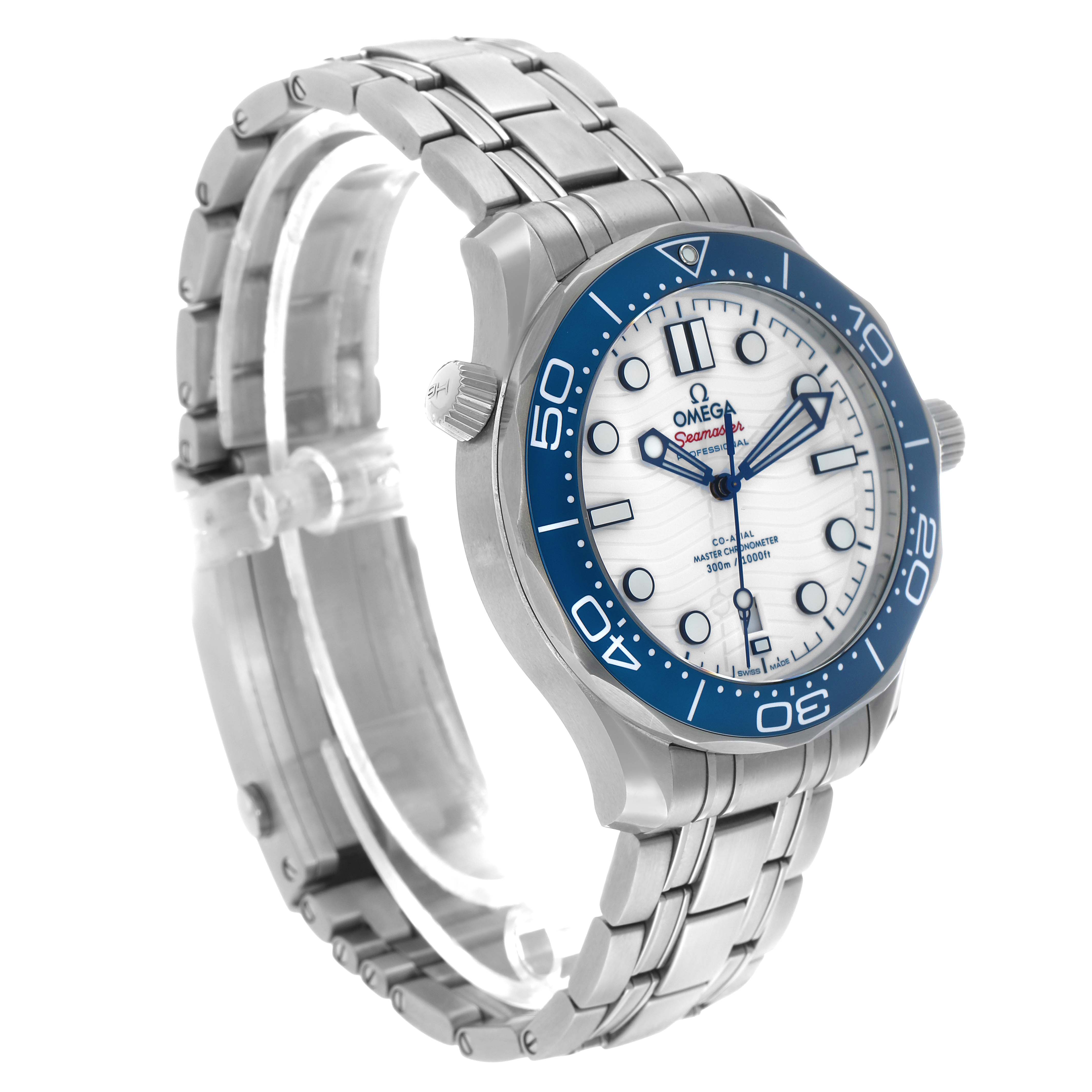 The Omega Seamaster 522.30.42.20.04.001 Men's Stainless Steel White Dial watch is shown at a three-quarter angle, displaying the face, bezel, crown, and part of the bracelet.