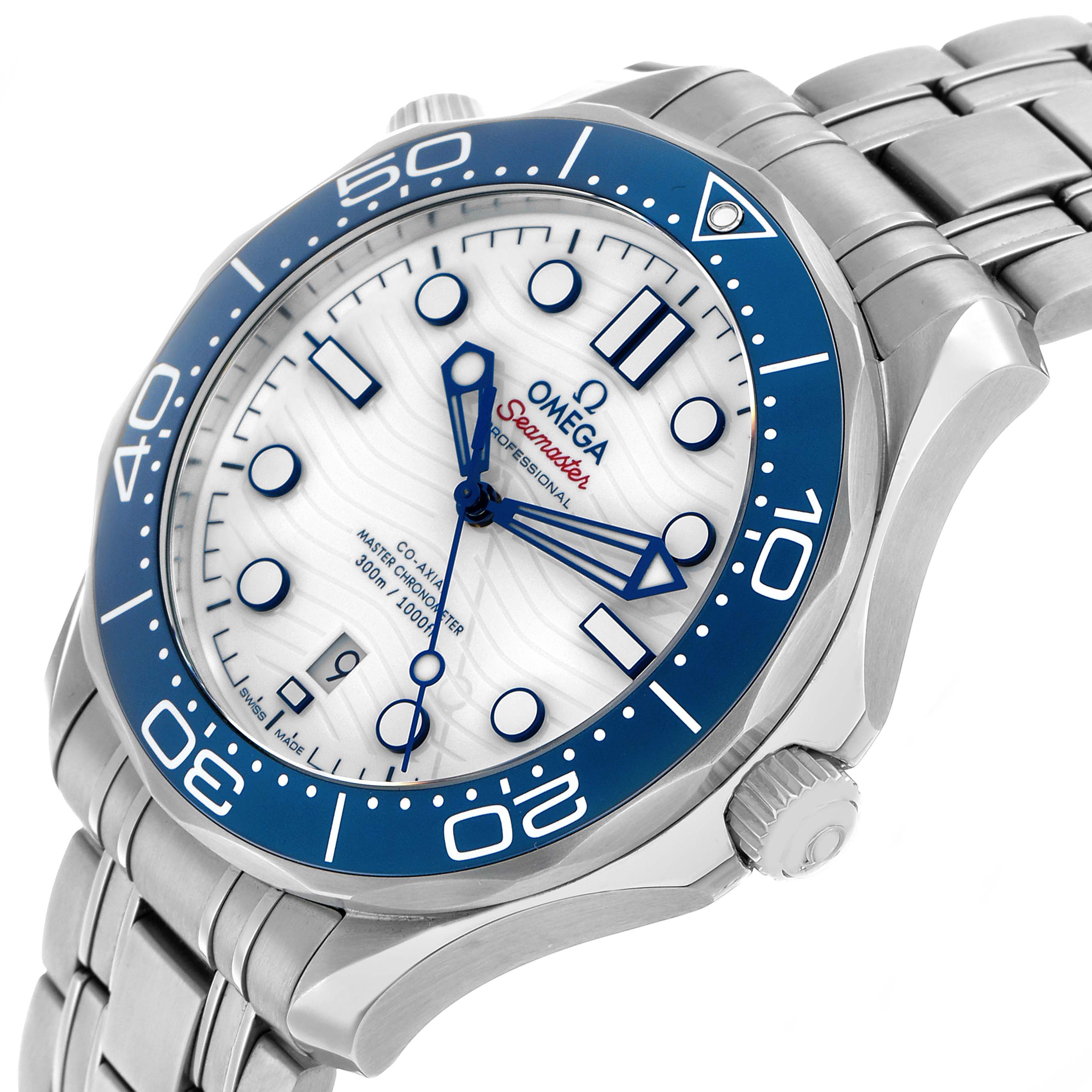 The Omega Seamaster 522.30.42.20.04.001 Men's Stainless Steel White Dial is shown at an angle displaying the dial, bezel, crown, and part of the bracelet.