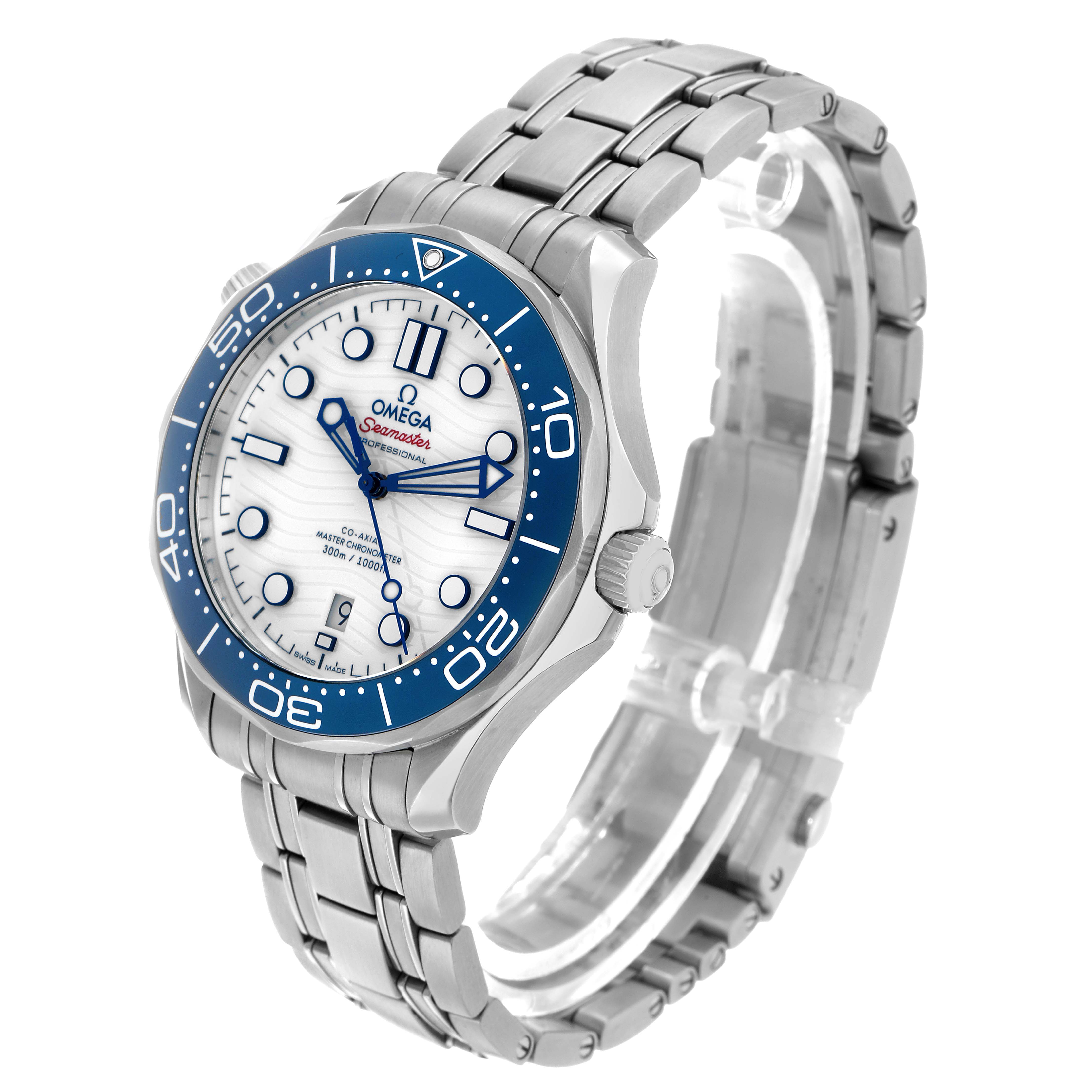 The Omega Seamaster 522.30.42.20.04.001 Men's Stainless Steel White Dial watch is shown at a three-quarter angle, highlighting the face, bezel, crown, and bracelet.