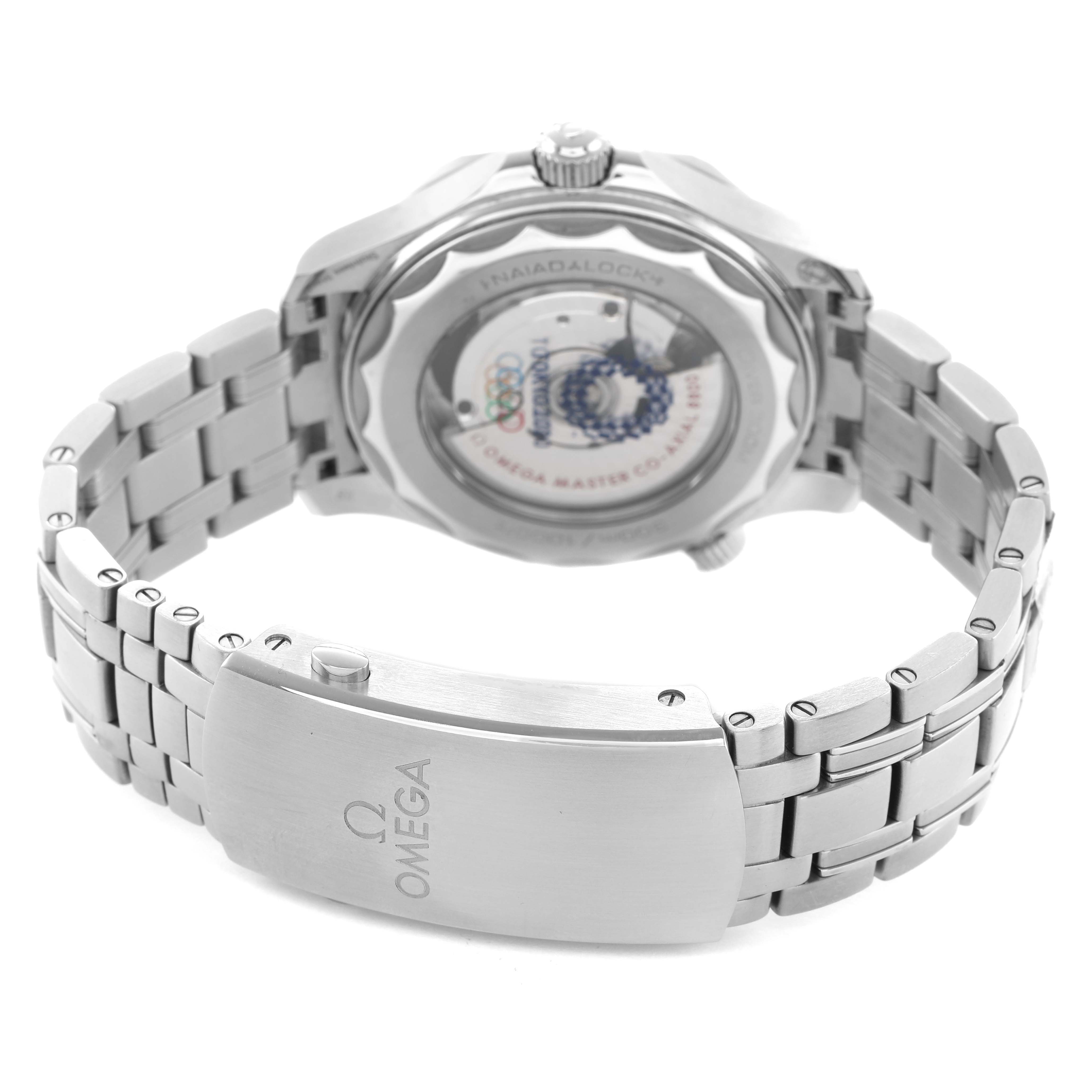 The image shows the Omega Seamaster 522.30.42.20.04.001 Men's Stainless Steel White Dial's back, clasp, and bracelet from a rear angle.