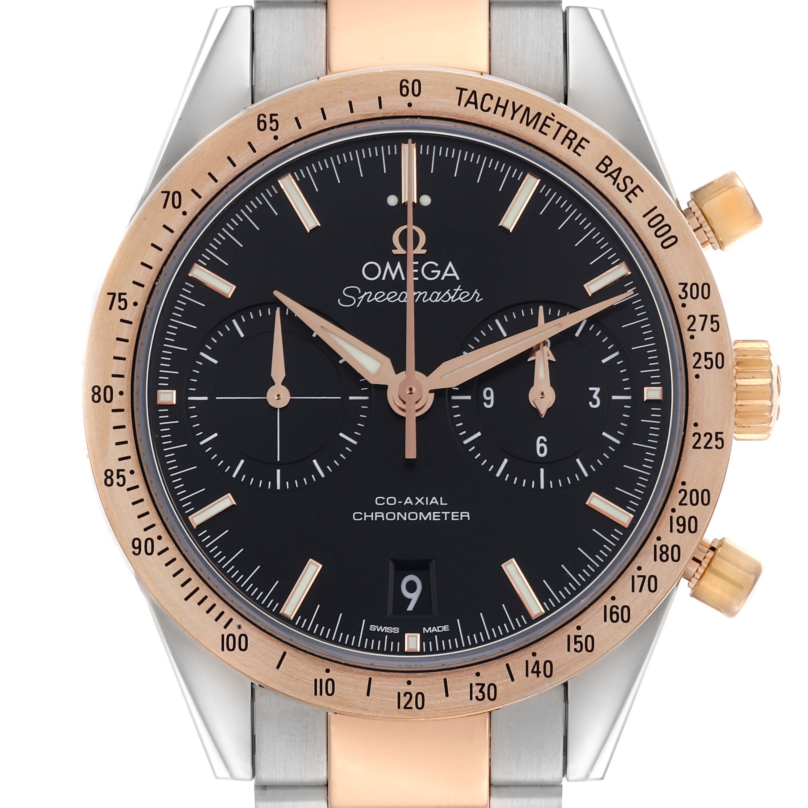 The Omega Speedmaster 331.20.42.51.01.002 Men's Steel and Gold (two tone) Black Dial 331.20.42.51.01.002 Men's Steel and Gold (two tone) Black Dial watch is shown from the front, highlighting the dial, bezel, and crown.