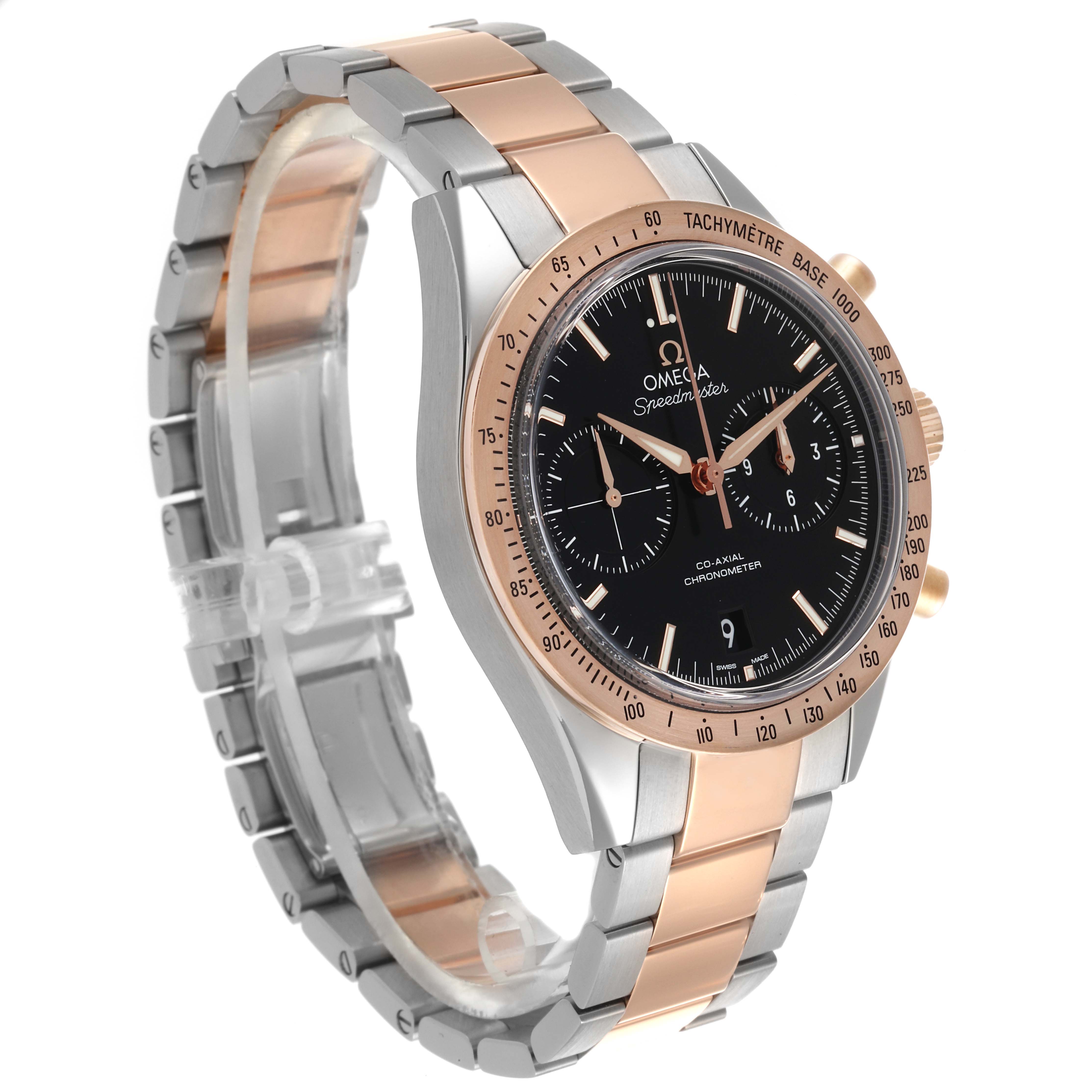 The Omega Speedmaster 331.20.42.51.01.002 Men's Steel and Gold (two tone) Black Dial 331.20.42.51.01.002 Men's Steel and Gold (two tone) Black Dial is shown at a three-quarter angle, highlighting the gold bezel, black dial, and metal bracelet.