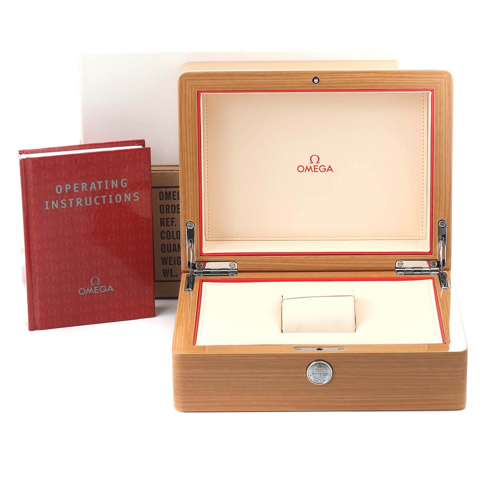 The image shows an Omega Speedmaster 331.20.42.51.01.002 Men's Steel and Gold (two tone) Black Dial 331.20.42.51.01.002 Men's Steel and Gold (two tone) Black Dial box, open, with an instruction manual and outer packaging visible in the background.