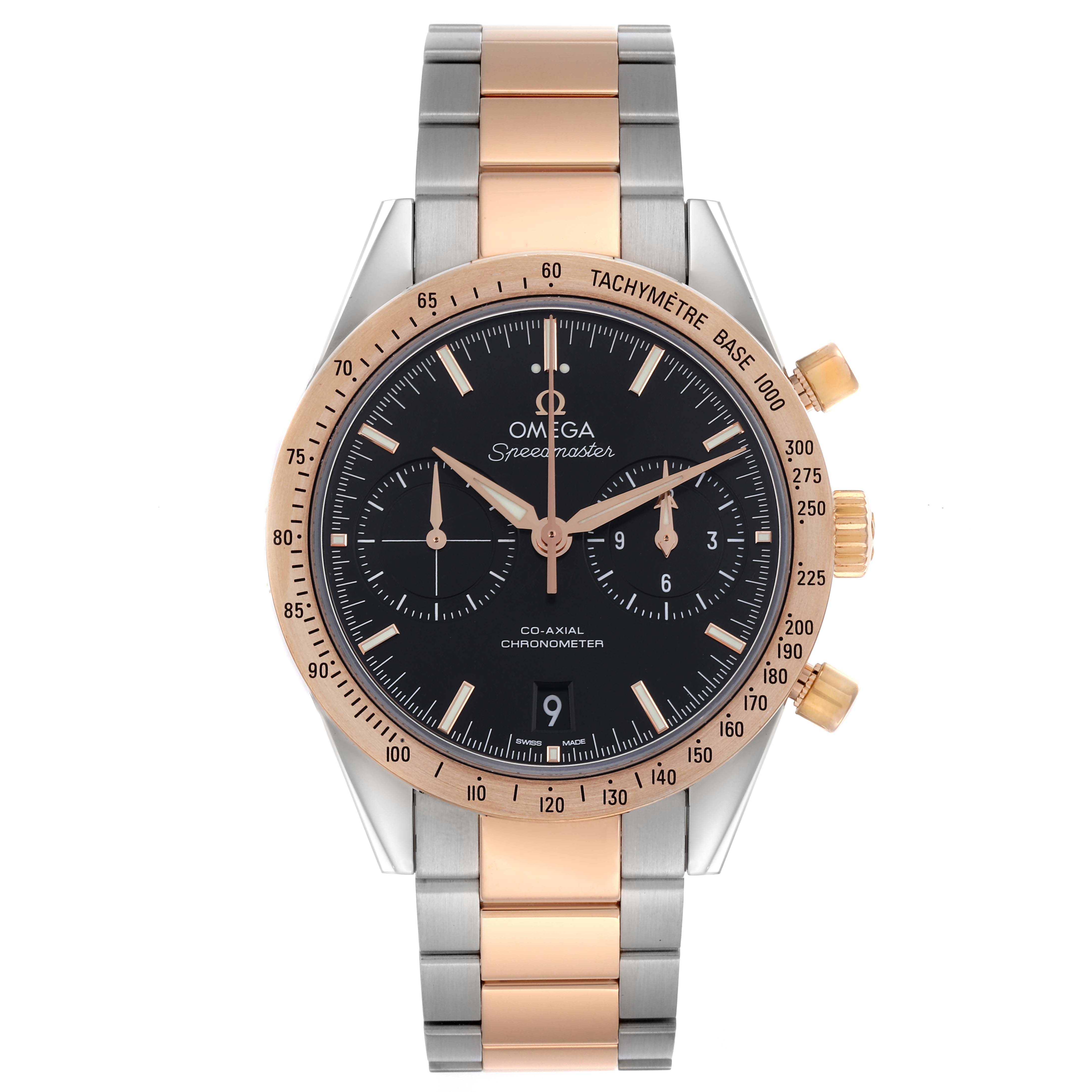 The Omega Speedmaster 331.20.42.51.01.002 Men's Steel and Gold (two tone) Black Dial 331.20.42.51.01.002 Men's Steel and Gold (two tone) Black Dial watch is shown from the front, displaying the dial, bezel, and a two-tone bracelet.
