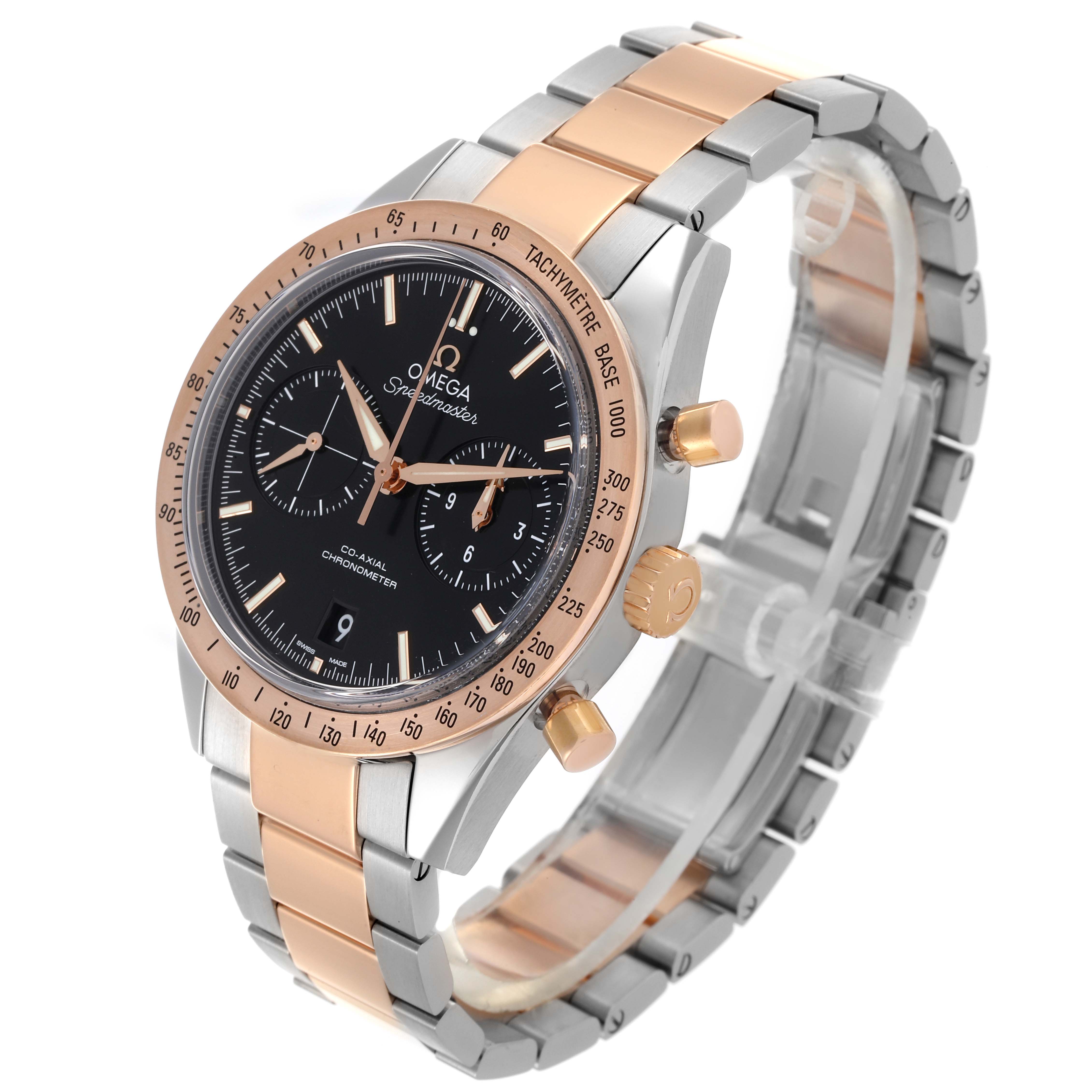 The Omega Speedmaster 331.20.42.51.01.002 Men's Steel and Gold (two tone) Black Dial 331.20.42.51.01.002 Men's Steel and Gold (two tone) Black Dial watch is shown at a three-quarter angle, highlighting the face, bezel, crown, pushers, and bracelet.