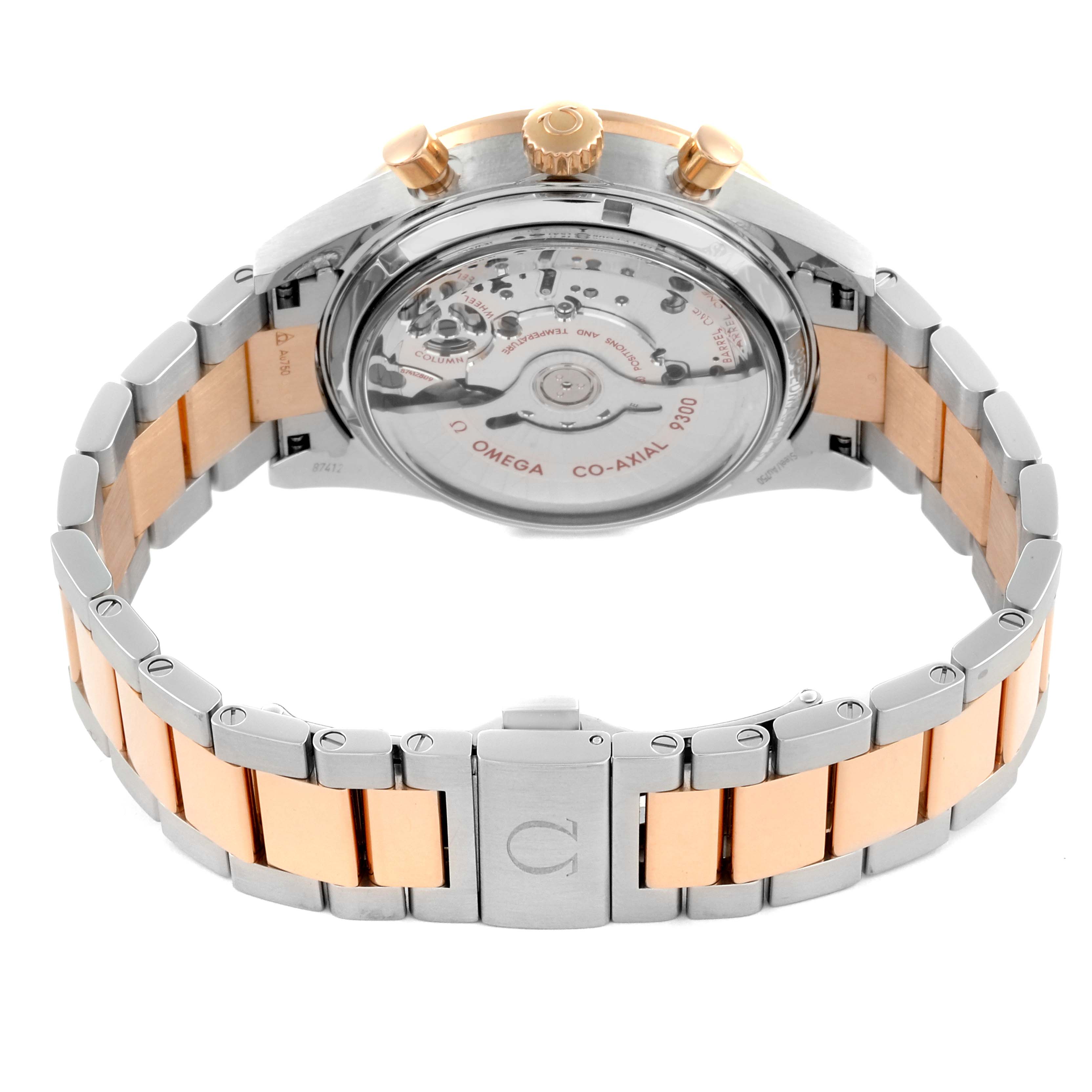 The Omega Speedmaster 331.20.42.51.01.002 Men's Steel and Gold (two tone) Black Dial 331.20.42.51.01.002 Men's Steel and Gold (two tone) Black Dial watch is shown from the back, highlighting the see-through case and metal bracelet.