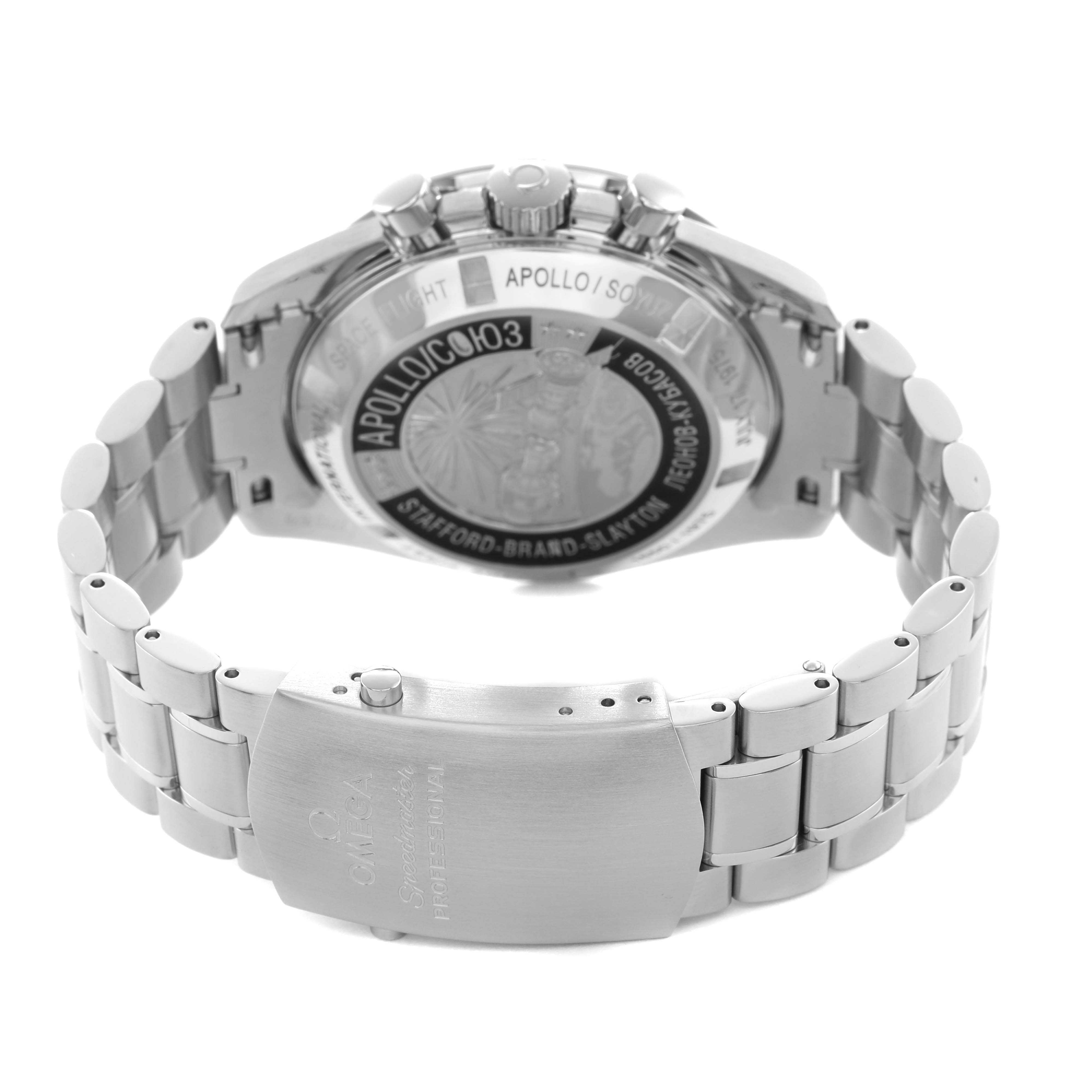 The Omega Speedmaster 311.30.42.30.99.001 Men's Stainless Steel Black Dial is shown from the back, highlighting the engraved back case and the stainless steel bracelet and clasp.