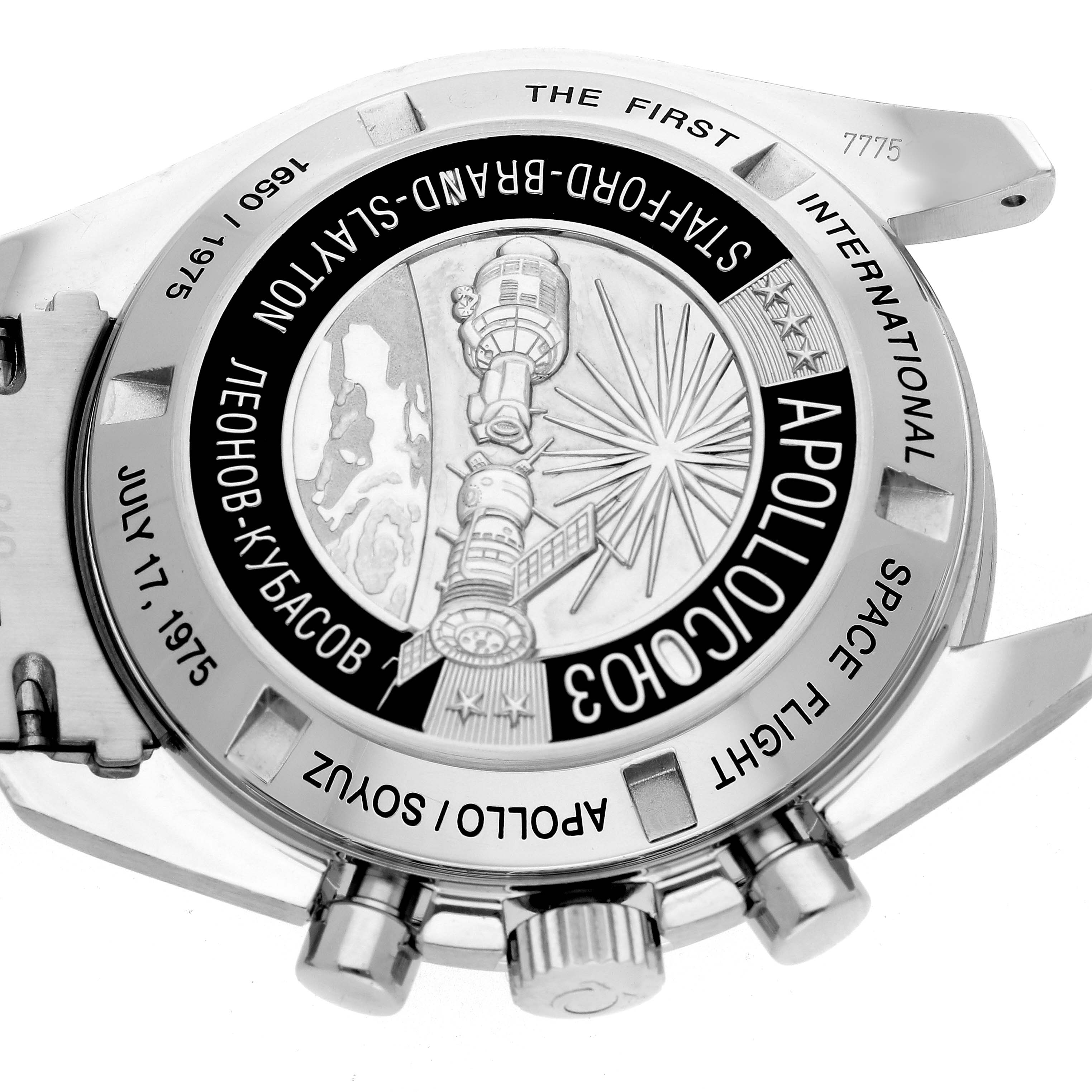 The Omega Speedmaster 311.30.42.30.99.001 Men's Stainless Steel Black Dial is shown from the back, highlighting the engraved Apollo-Soyuz mission emblem.