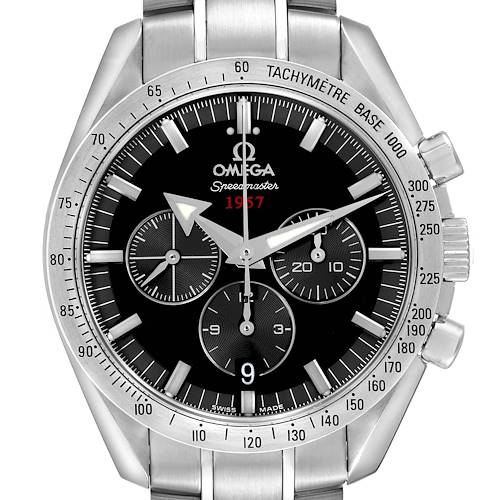 The Omega Speedmaster 321.10.42.50.01.001 Men's Stainless Steel Black Dial watch is shown from the front, displaying its face, tachymeter bezel, and part of the metal bracelet.