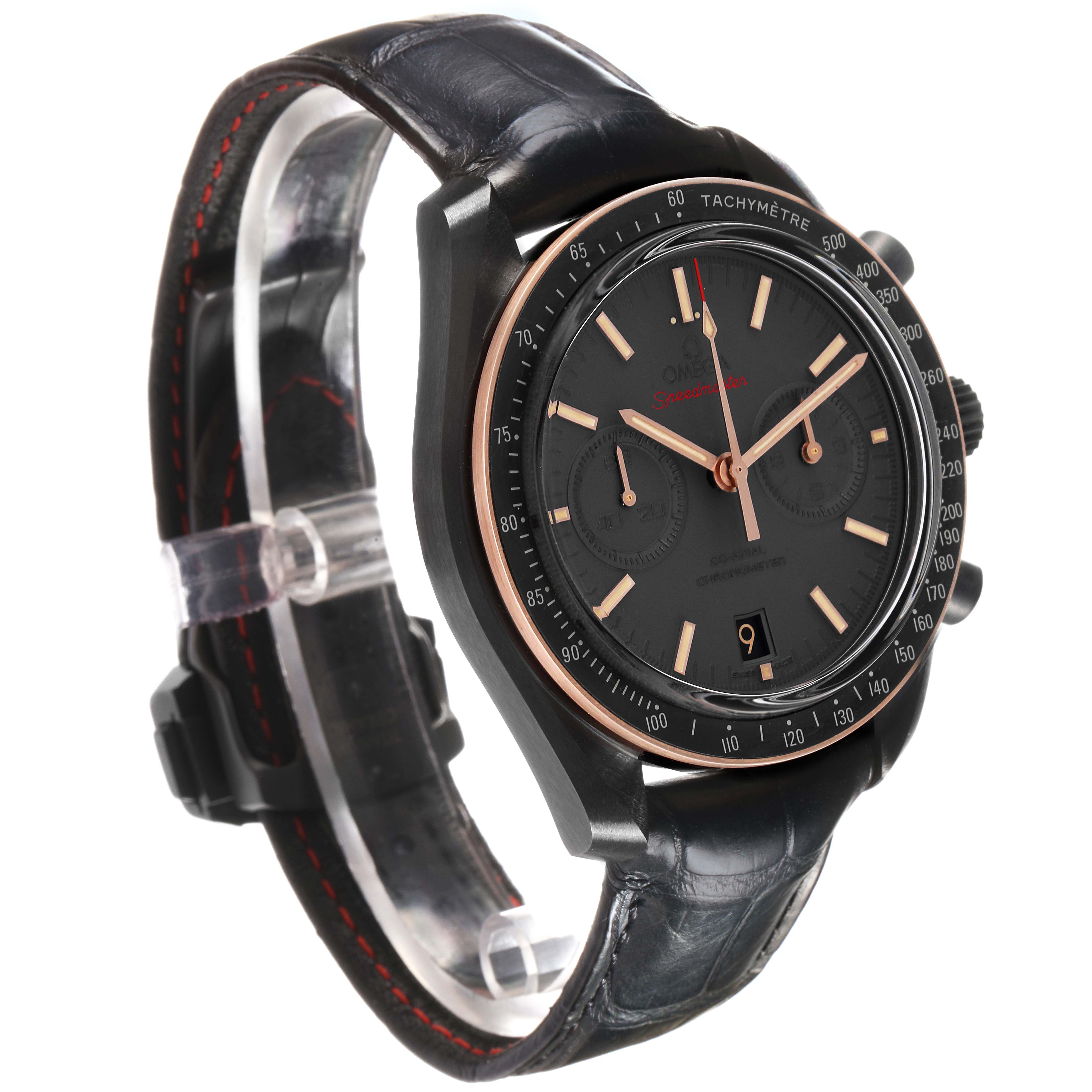 The Omega Speedmaster 311.63.44.51.06.001 Men's Ceramic Grey Dial watch is shown at a three-quarter angle, highlighting the face, tachymeter bezel, and part of the leather strap.