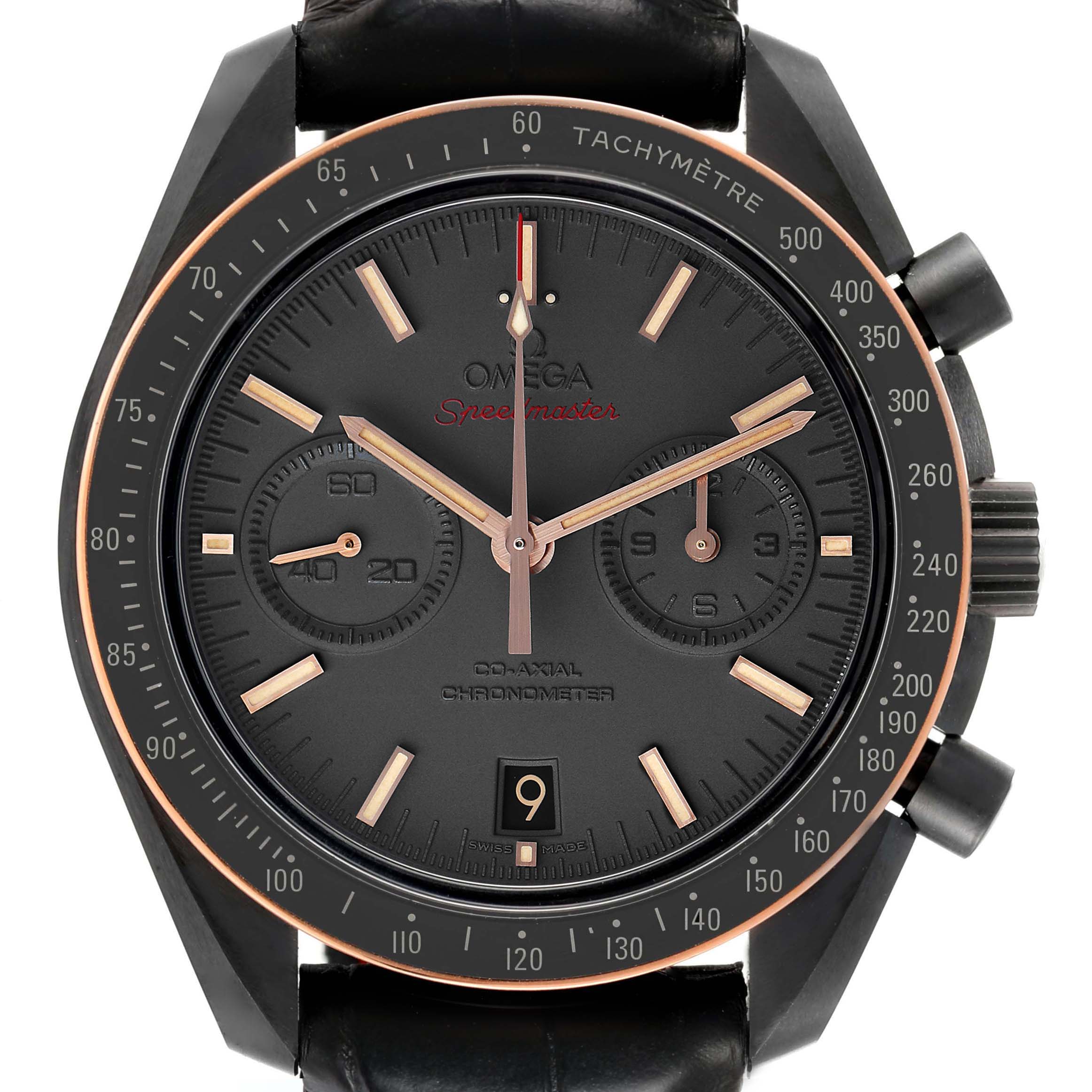 The Omega Speedmaster 311.63.44.51.06.001 Men's Ceramic Grey Dial watch is shown from the front, highlighting the dial, tachymeter bezel, subdials, and crown.