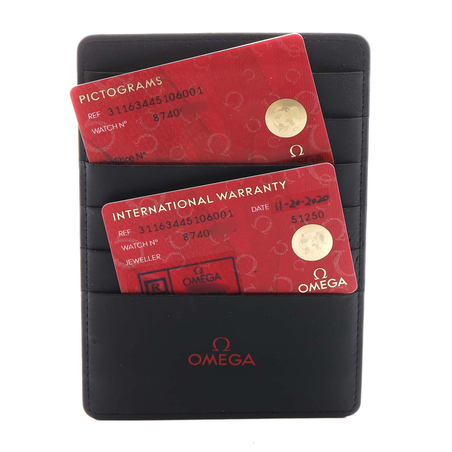 The image shows Omega Speedmaster 311.63.44.51.06.001 Men's Ceramic Grey Dial watch accessories, including a cardholder with pictogram and warranty cards.