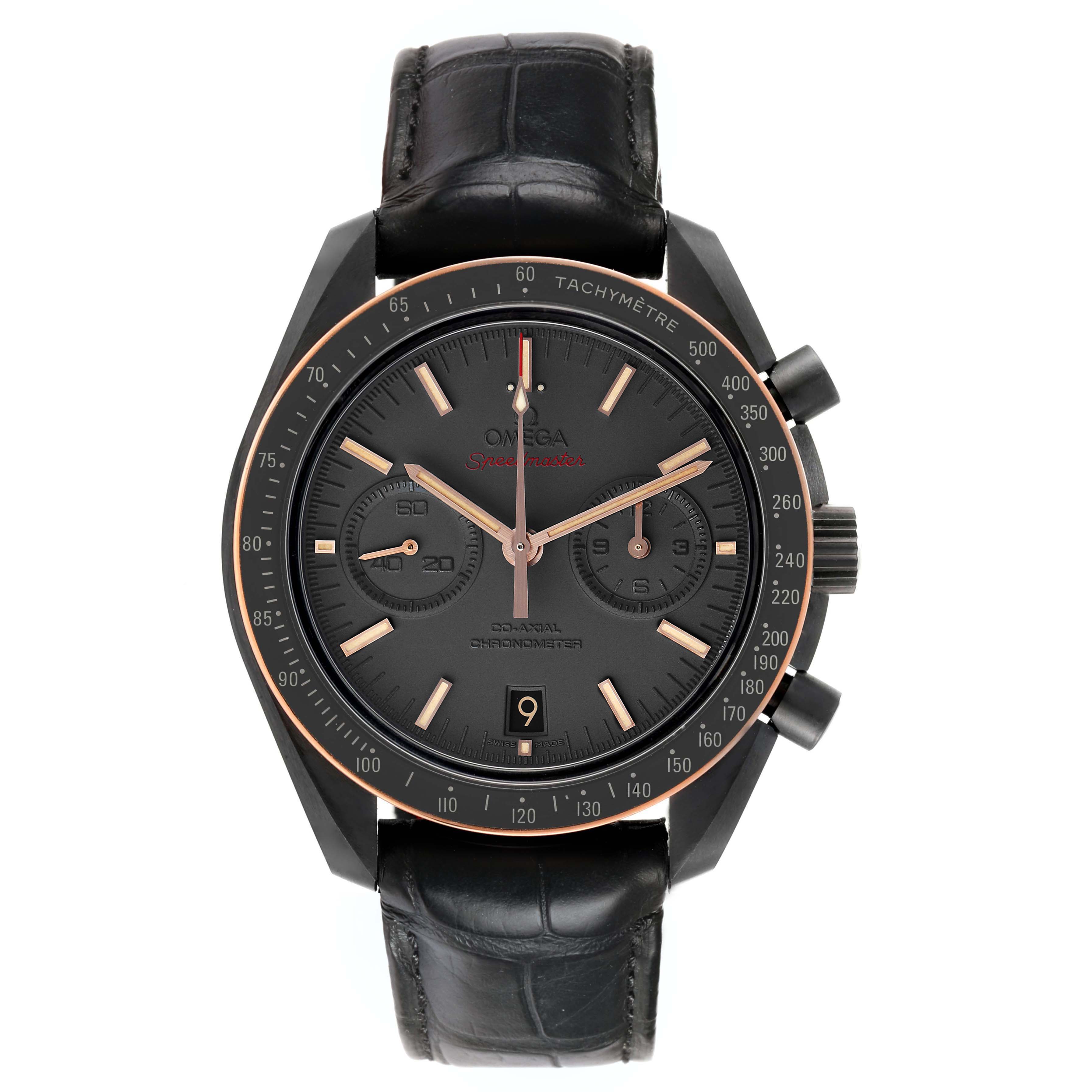 The Omega Speedmaster 311.63.44.51.06.001 Men's Ceramic Grey Dial watch is shown from a top-down angle, displaying the dial, subdials, bezel, and leather strap.