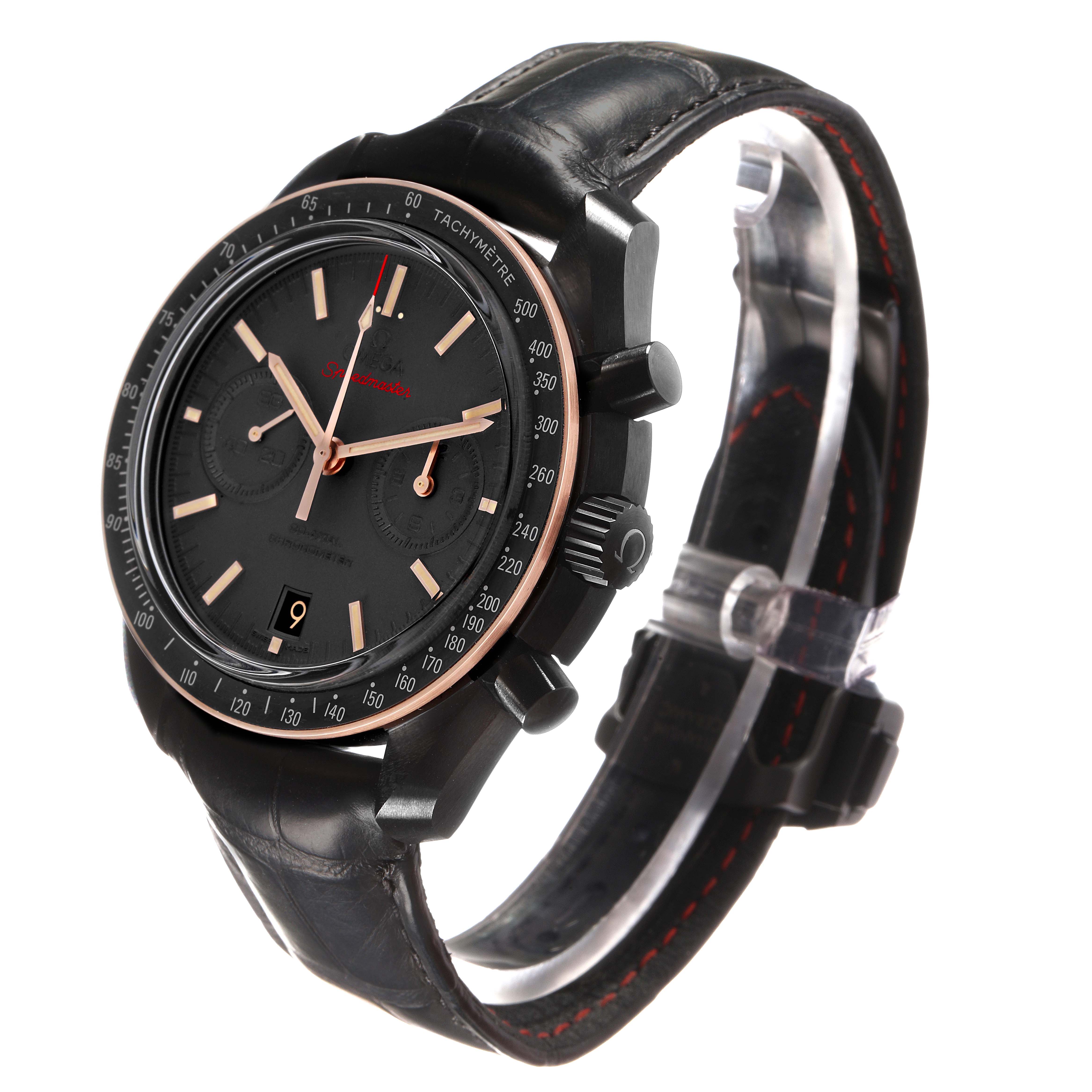 The Omega Speedmaster 311.63.44.51.06.001 Men's Ceramic Grey Dial watch is shown at a three-quarter angle, displaying its face, bezel, crown, and strap details.