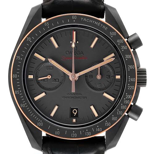 The Omega Speedmaster 311.63.44.51.06.001 Men's Ceramic Grey Dial watch is shown from a front view, highlighting the dial, hands, subdials, and tachymeter bezel.