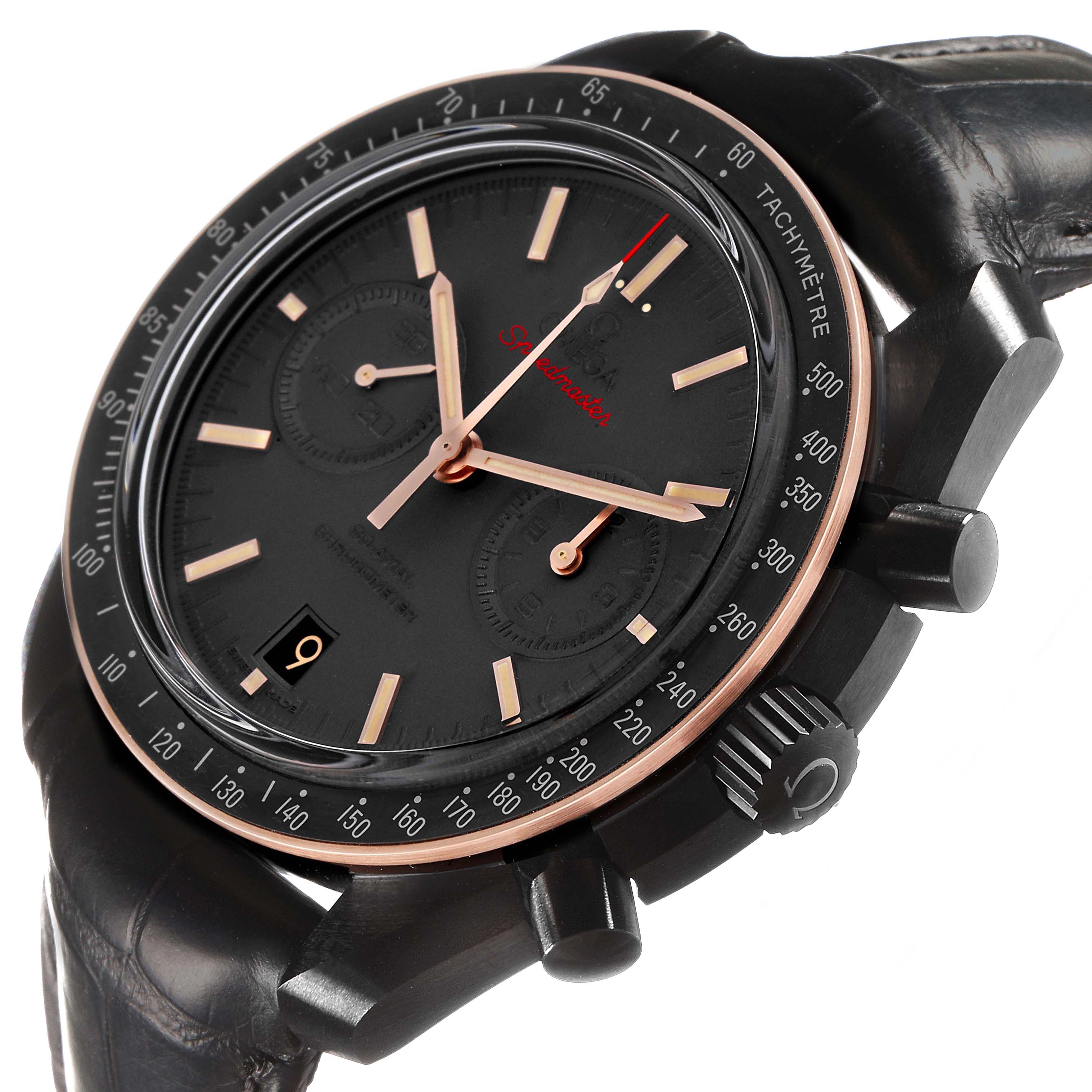 The Omega Speedmaster 311.63.44.51.06.001 Men's Ceramic Grey Dial watch is shown at a slight side angle, highlighting the dial, bezel, crown, and pushers.