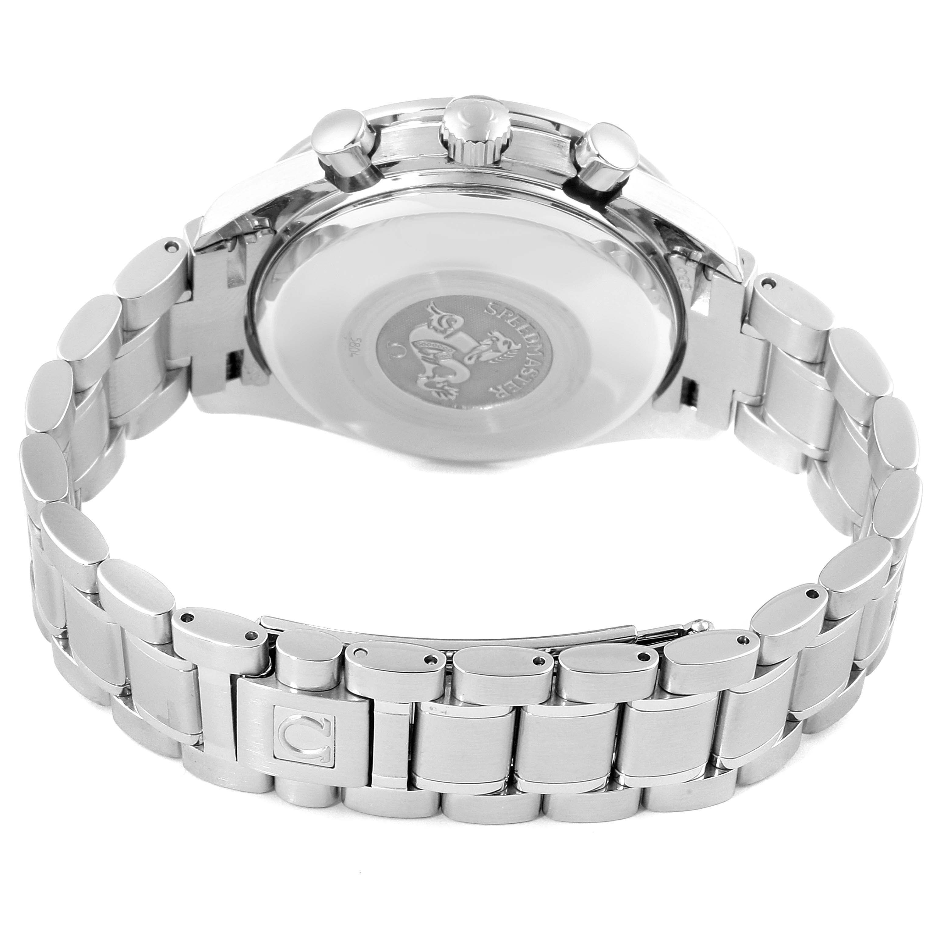 This image shows the back and side of an Omega Speedmaster 3513.82.00 Men
s Stainless Steel Blue Dial 3513.82.00 Men
s Stainless Steel Blue Dial watch, highlighting the case back and metal bracelet.