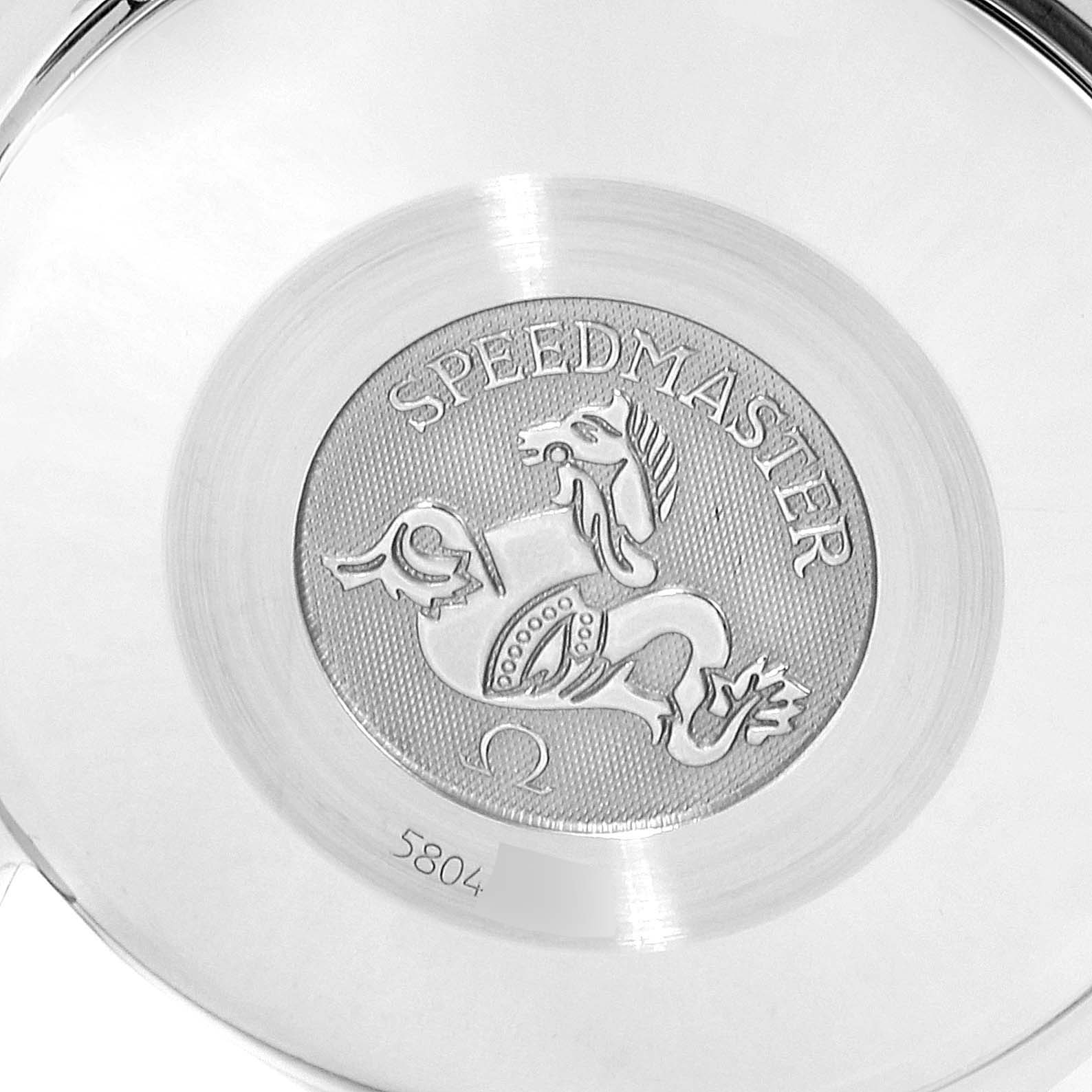 This image shows the engraved case back of an Omega Speedmaster 3513.82.00 Men
s Stainless Steel Blue Dial 3513.82.00 Men
s Stainless Steel Blue Dial watch with the logo and model name visible.