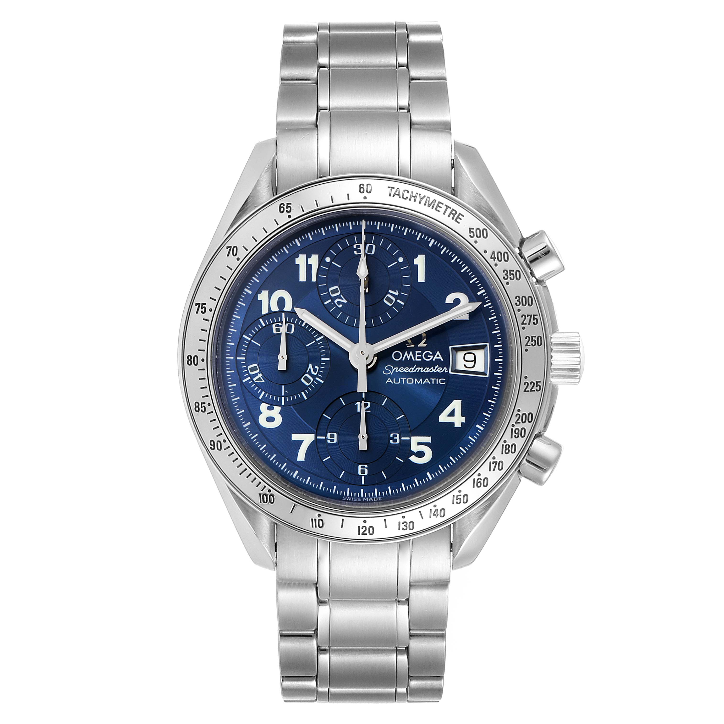 The image shows a front view of an Omega Speedmaster 3513.82.00 Men
s Stainless Steel Blue Dial 3513.82.00 Men
s Stainless Steel Blue Dial watch with a blue dial and stainless steel bracelet.