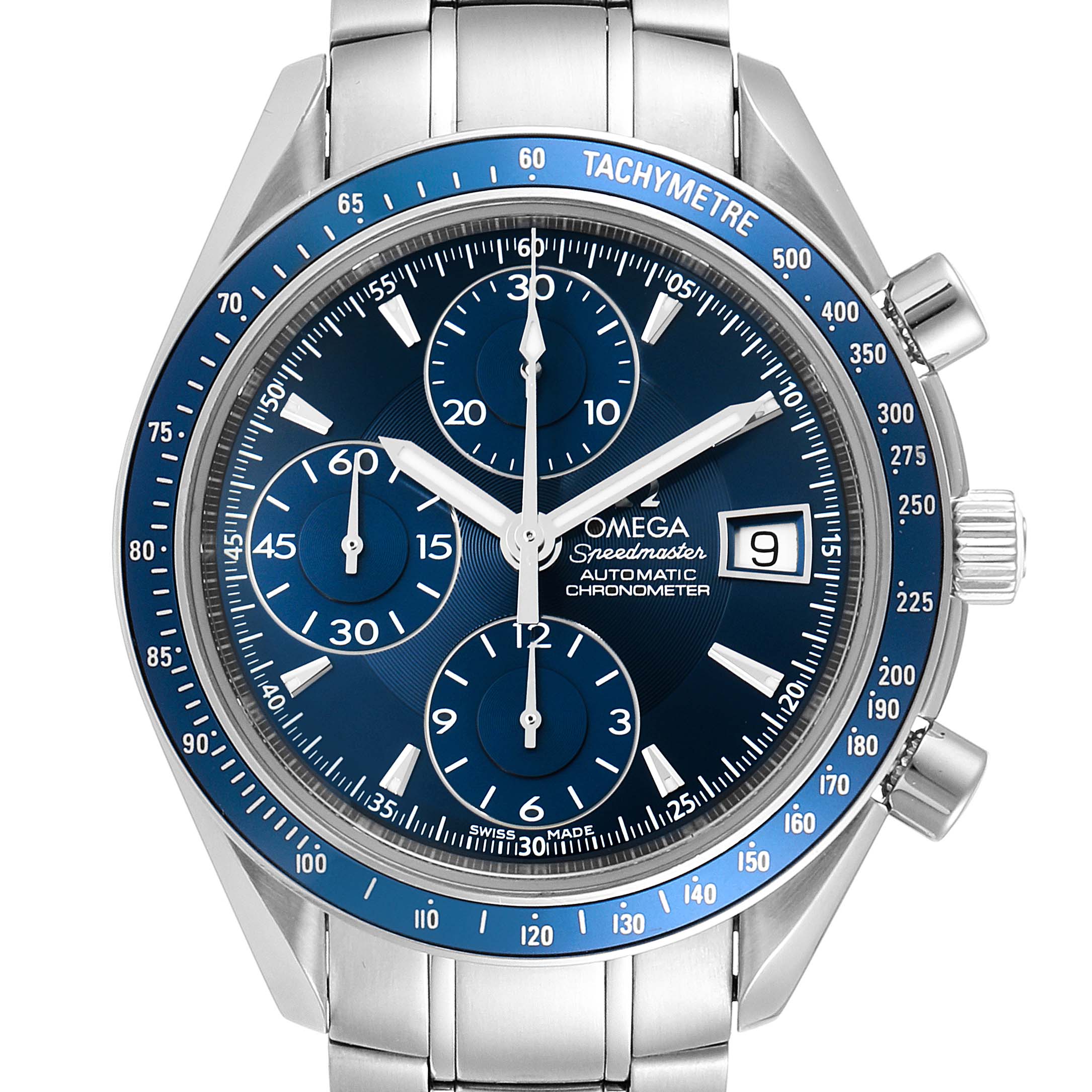 The image shows a frontal view of the Omega Speedmaster 3212.80.00 Men's Stainless Steel Blue Dial 3212.80.00 Men's Stainless Steel Blue Dial, showcasing its blue dial, chronograph functions, and date display.