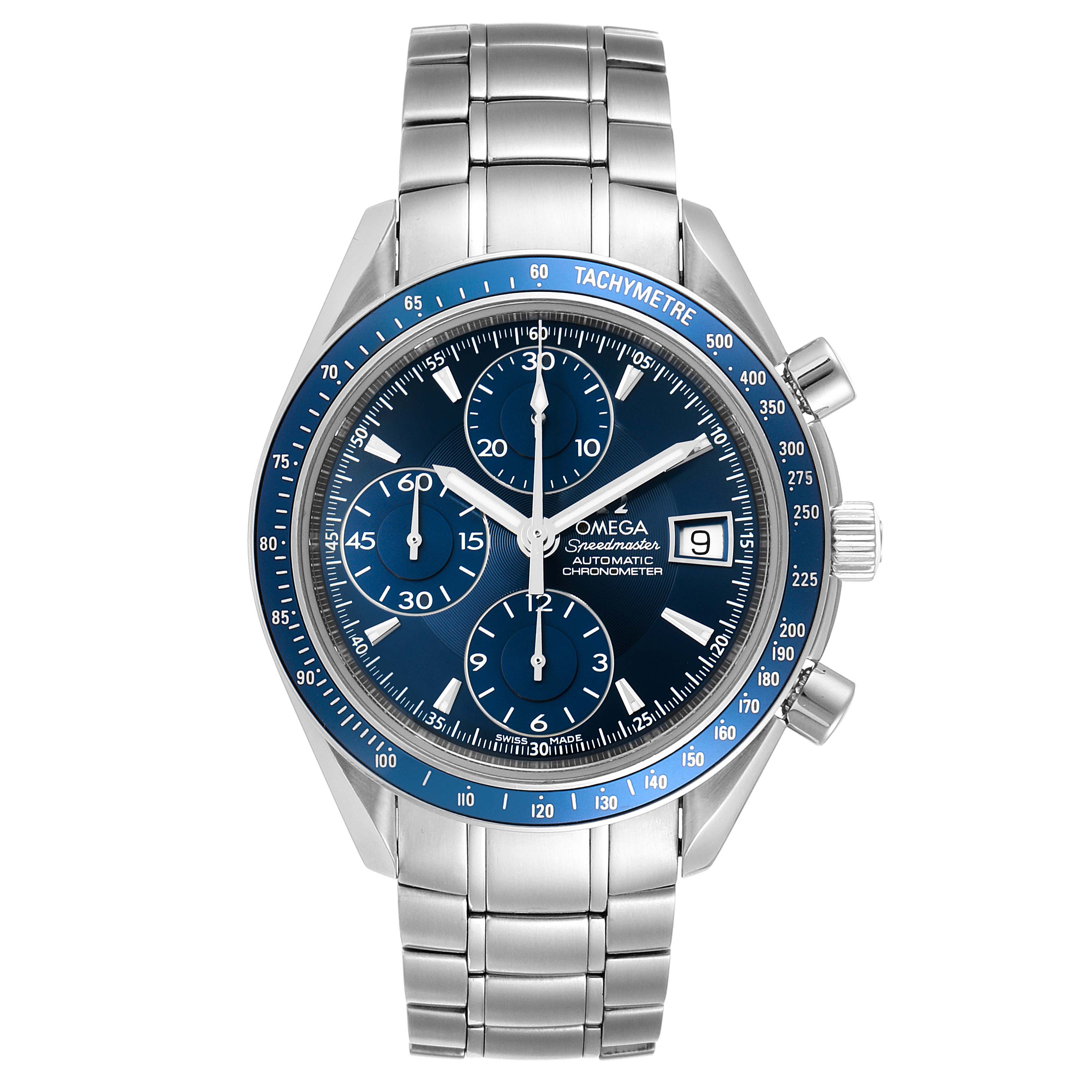 The image shows a frontal view of an Omega Speedmaster 3212.80.00 Men's Stainless Steel Blue Dial 3212.80.00 Men's Stainless Steel Blue Dial watch, highlighting the dial, tachymeter bezel, and stainless steel bracelet.