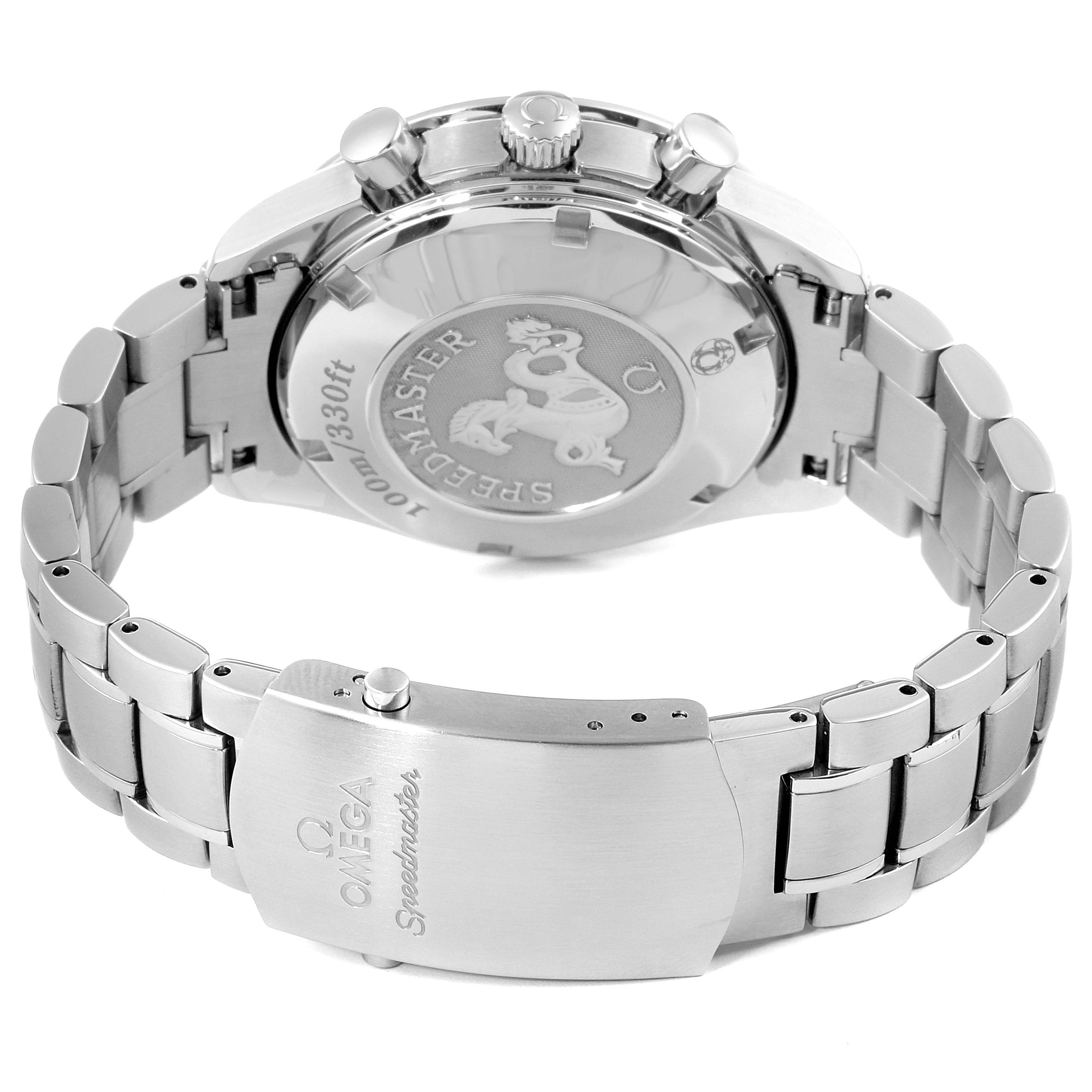 This image shows an Omega Speedmaster 3212.80.00 Men's Stainless Steel Blue Dial 3212.80.00 Men's Stainless Steel Blue Dial watch from the rear, highlighting the case back, crown, pushers, and bracelet clasp.