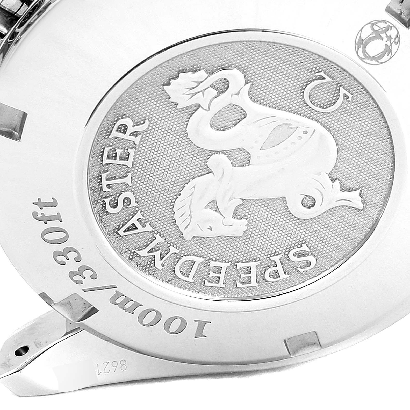 The image shows the case back of an Omega Speedmaster 3212.80.00 Men's Stainless Steel Blue Dial 3212.80.00 Men's Stainless Steel Blue Dial watch, featuring the logo and depth rating markings.