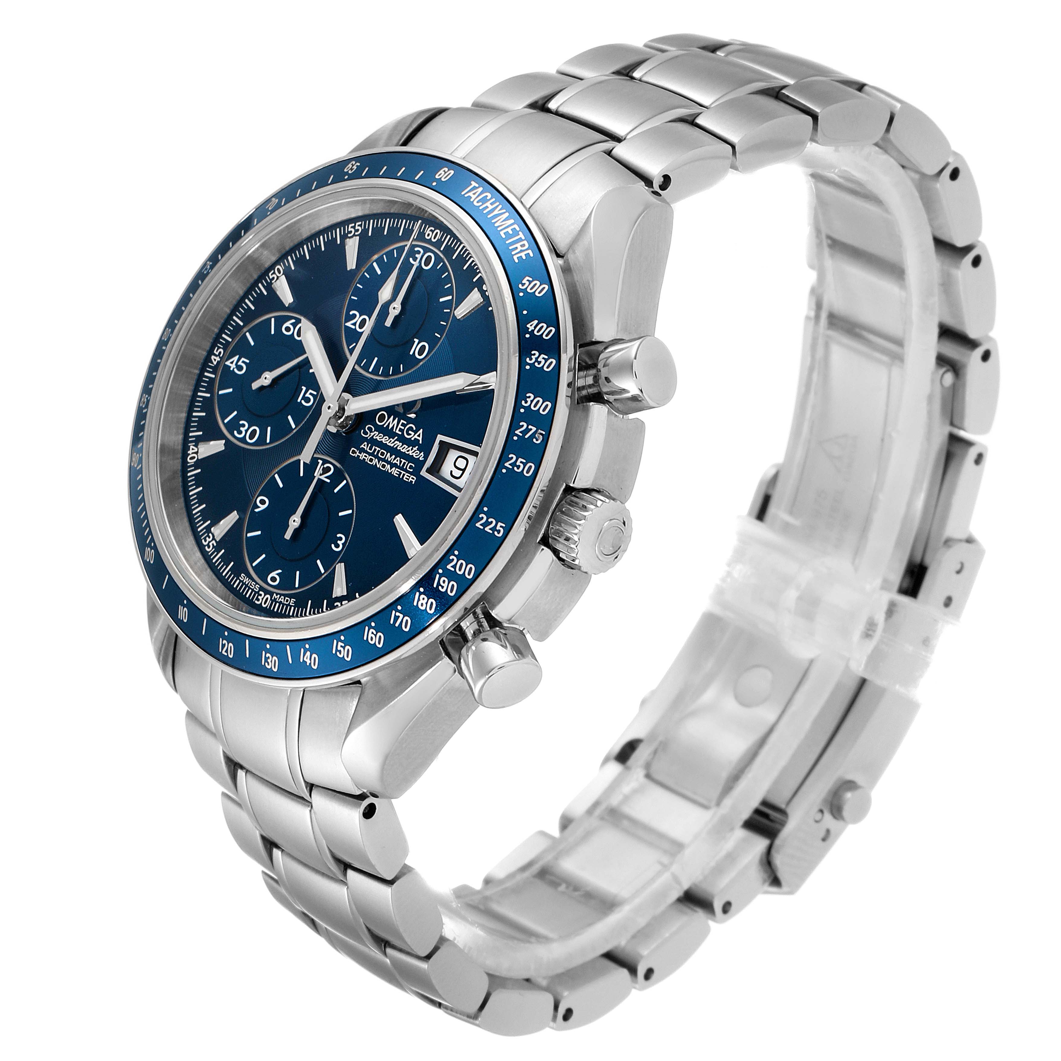 The Omega Speedmaster 3212.80.00 Men's Stainless Steel Blue Dial 3212.80.00 Men's Stainless Steel Blue Dial watch is shown at an angled side view, highlighting its face, bezel, and metal bracelet.