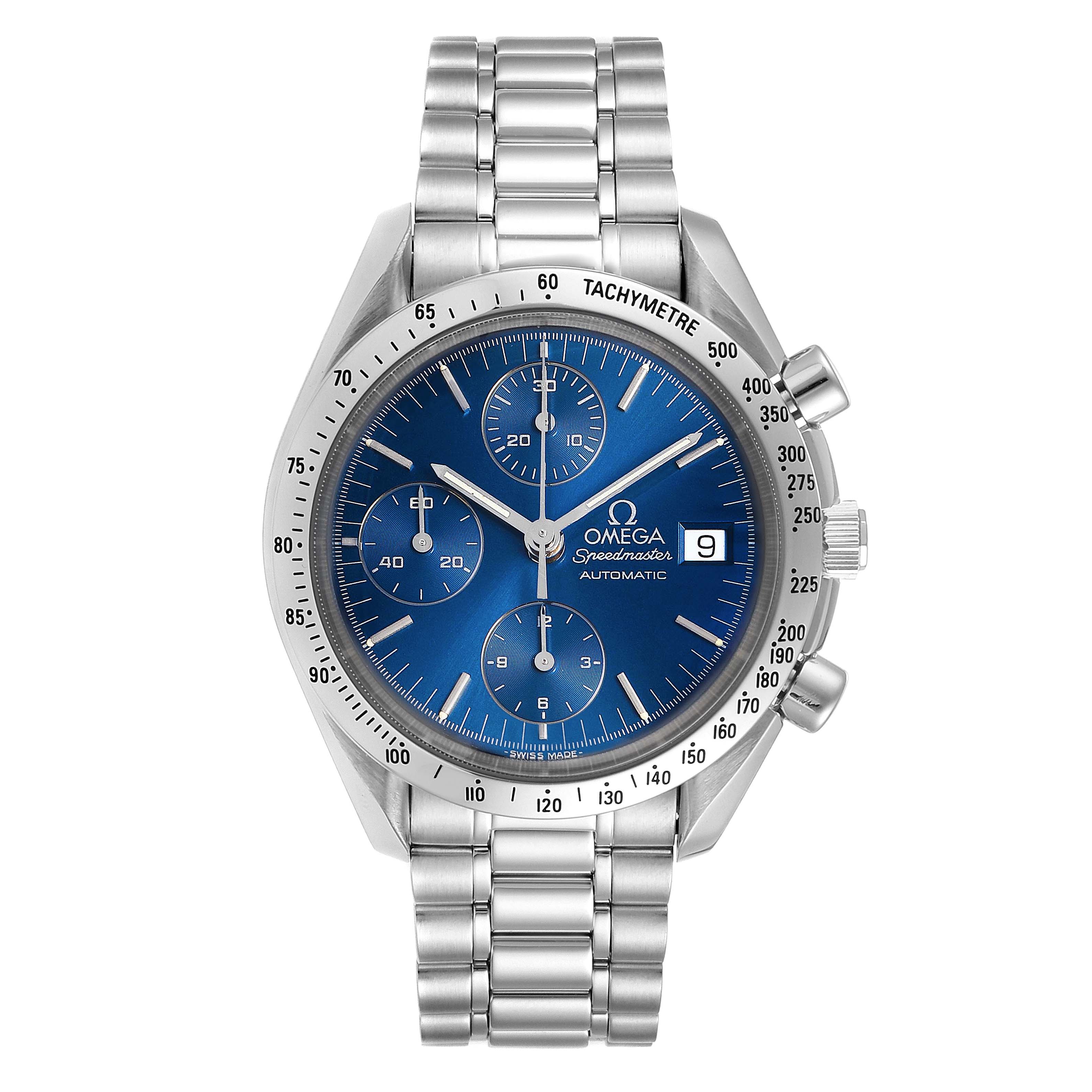 This is a front view of an Omega Speedmaster 3511.80.009 Men's Stainless Steel Blue Dial 3511.80.009 Men's Stainless Steel Blue Dial watch, showcasing the blue dial, three sub-dials, tachymeter bezel, and stainless steel bracelet.
