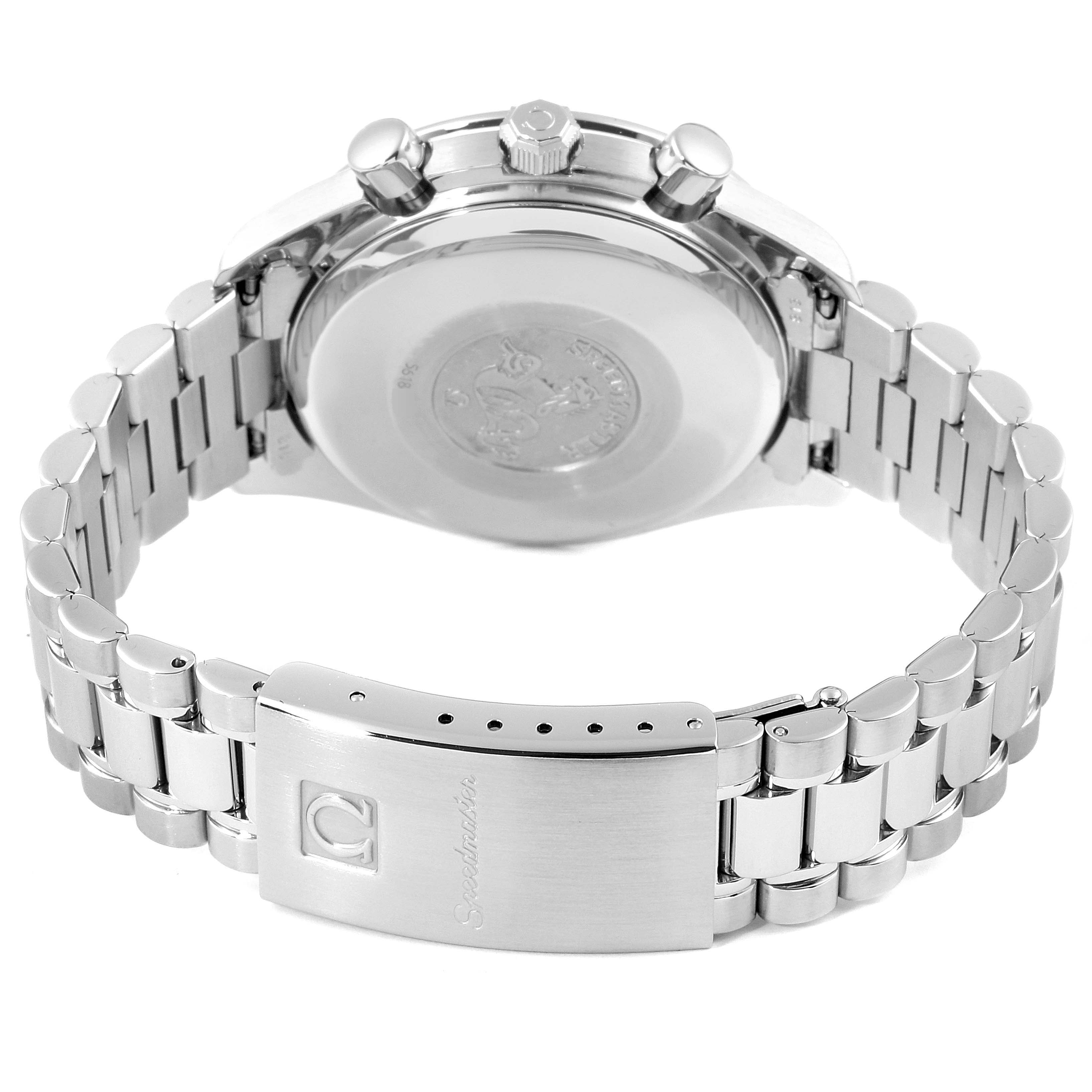 The image shows the back case and bracelet of the Omega Speedmaster 3511.80.009 Men's Stainless Steel Blue Dial 3511.80.009 Men's Stainless Steel Blue Dial watch from a rear angle.