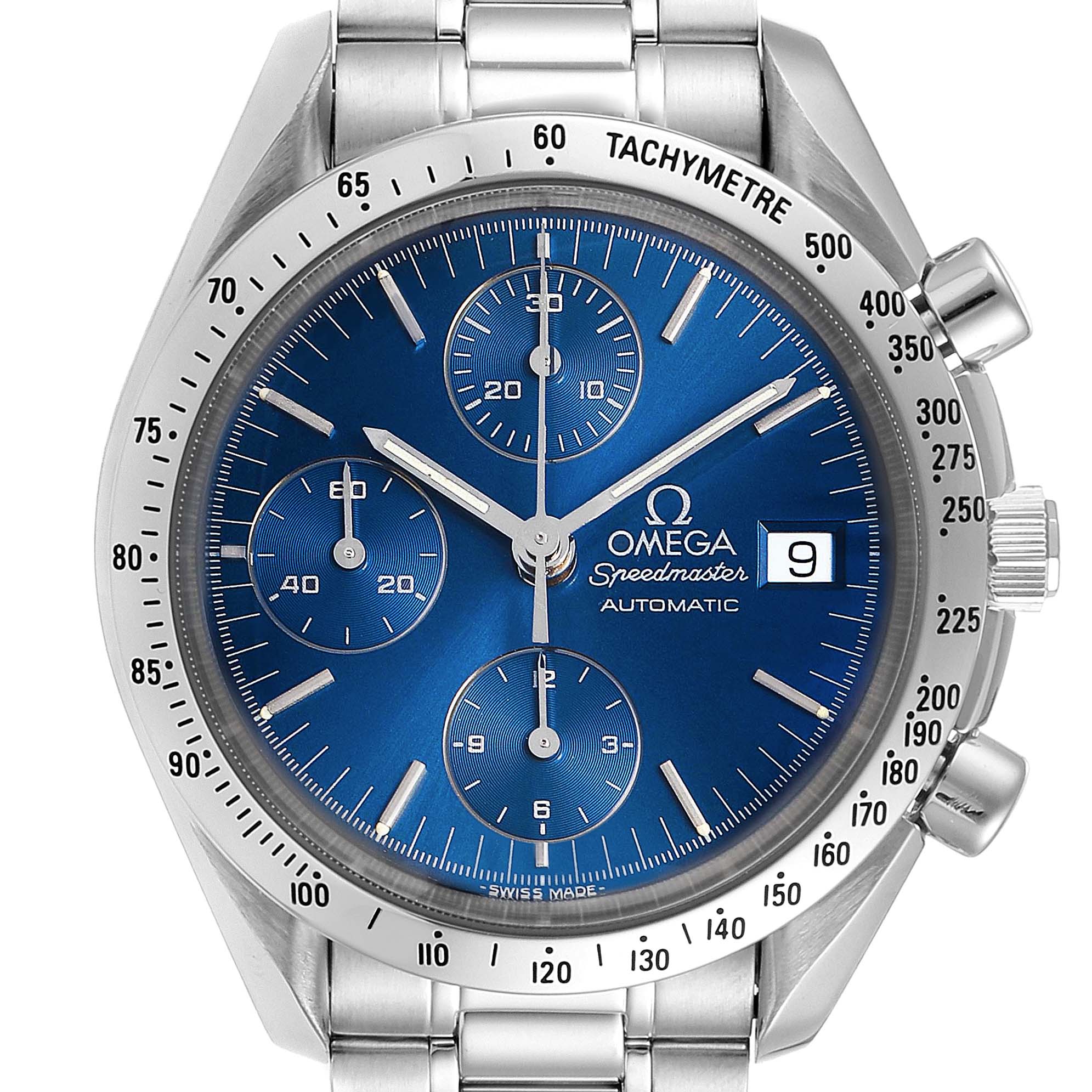 This image shows a frontal view of an Omega Speedmaster 3511.80.009 Men's Stainless Steel Blue Dial 3511.80.009 Men's Stainless Steel Blue Dial, detailing its blue dial, chronograph sub-dials, and tachymeter bezel.