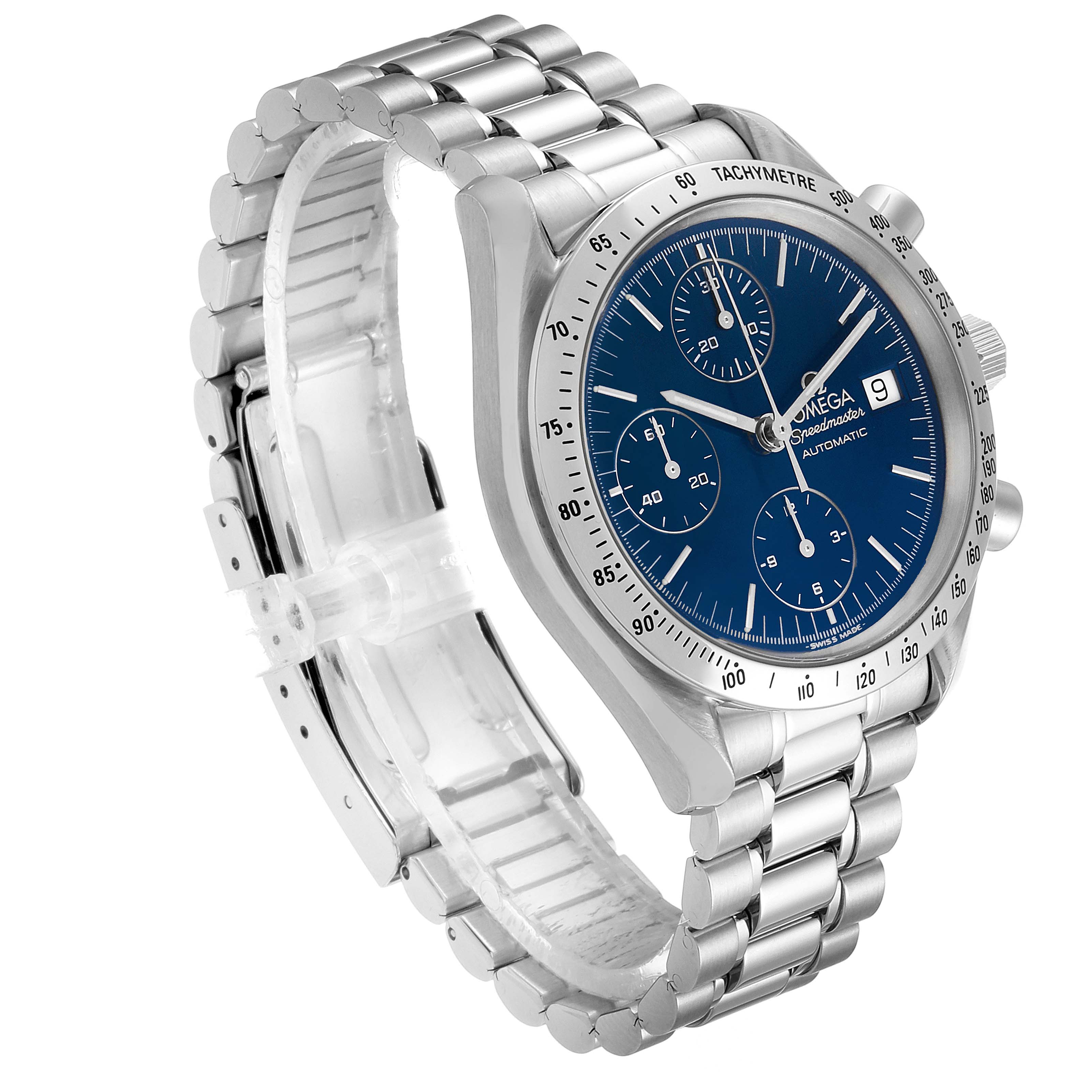 This Omega Speedmaster 3511.80.009 Men's Stainless Steel Blue Dial 3511.80.009 Men's Stainless Steel Blue Dial watch is shown at a three-quarter angle, featuring the face, bezel, crown, and bracelet.