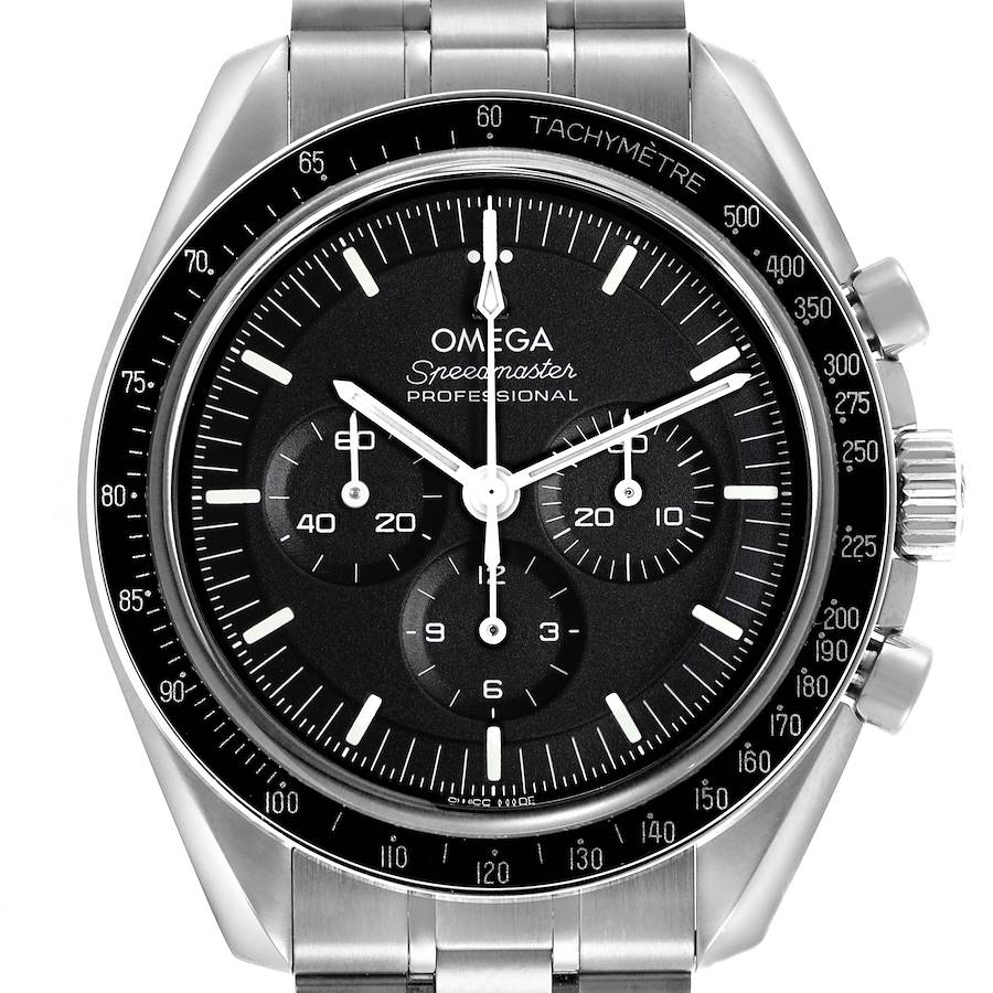 The Omega Speedmaster is shown from a front angle, displaying the dial, tachymeter bezel, and bracelet.