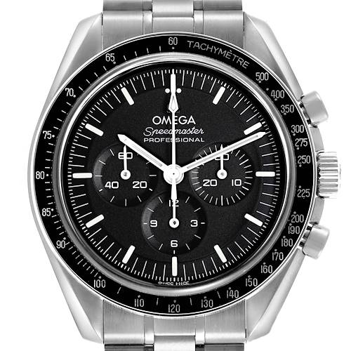 The image shows a front view of the Omega Speedmaster watch, highlighting its dial, tachymeter bezel, and pushers.