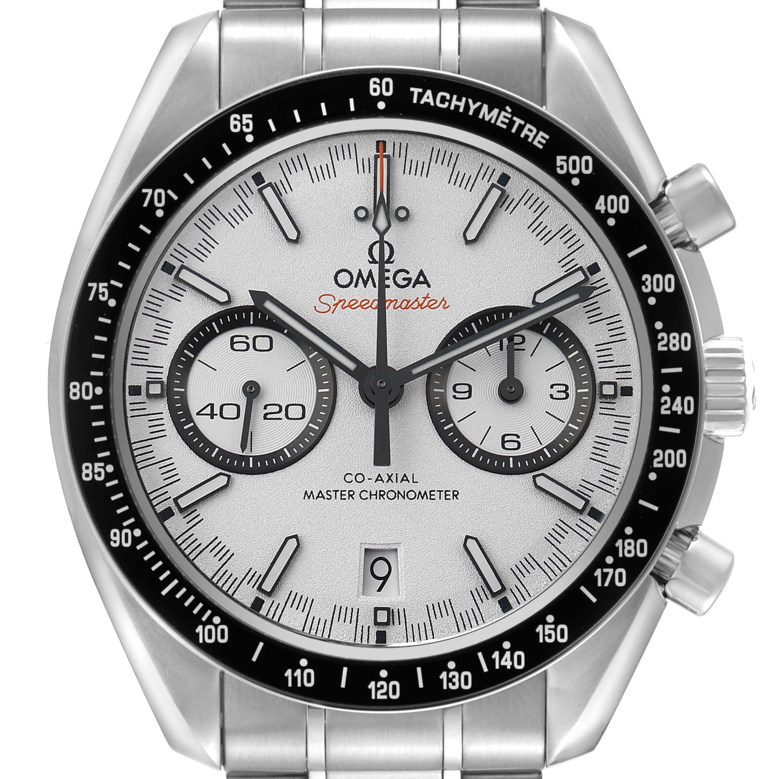 The Omega Speedmaster 329.30.44.51.04.001 Men's Stainless Steel Silver Dial watch is shown from the front, detailing its dial, tachymeter bezel, and subdials.